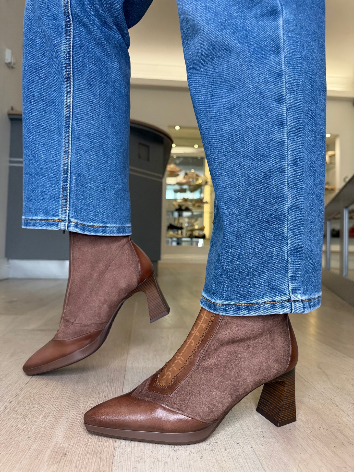Hispanitas - Rich Brown Suede/ Leather Mix Pointy Toe Boot With Stacked Heel