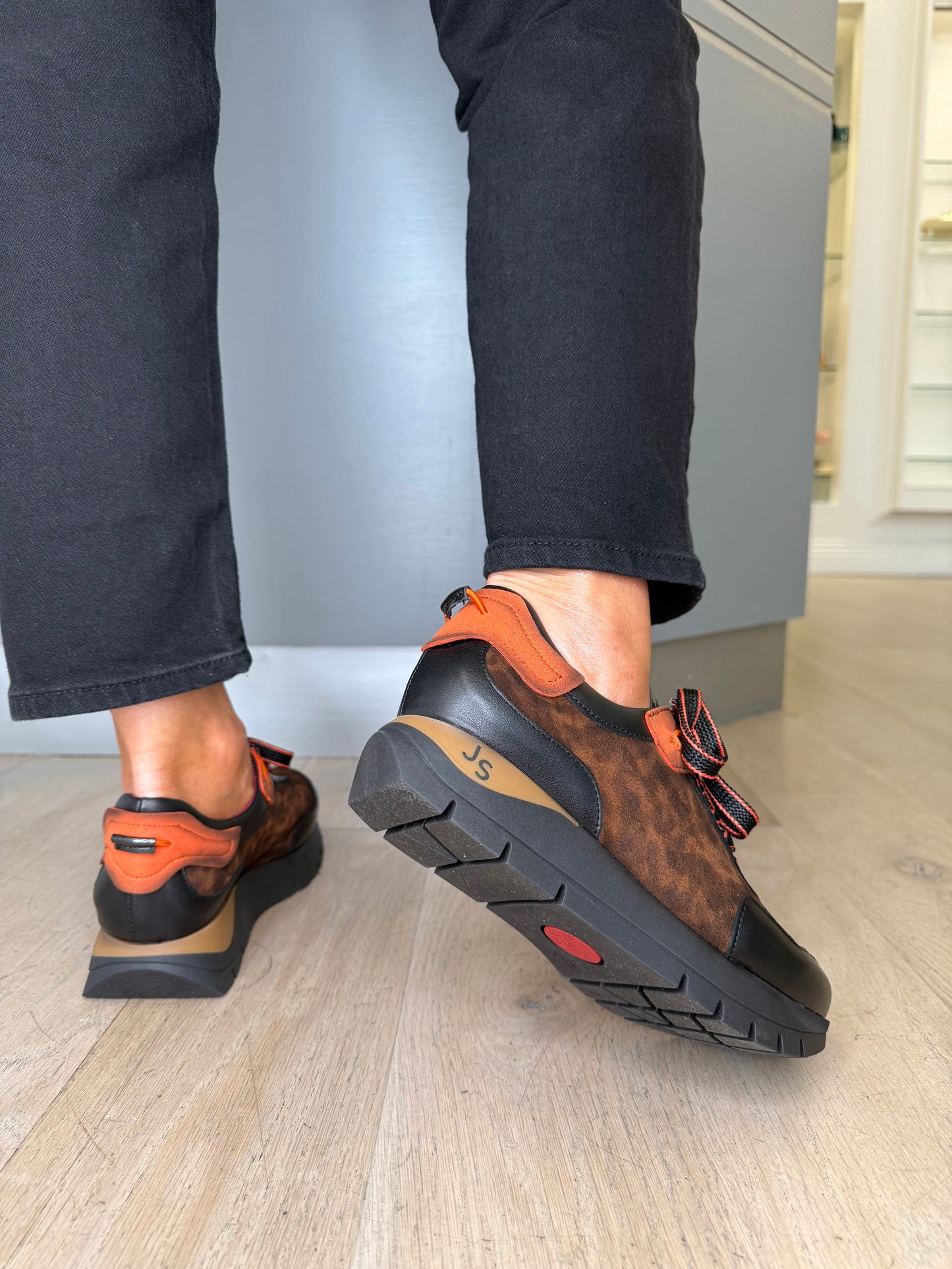 Jose Saenz - Black Leather / Leopard Print Trainer With A Burnt Orange Trim