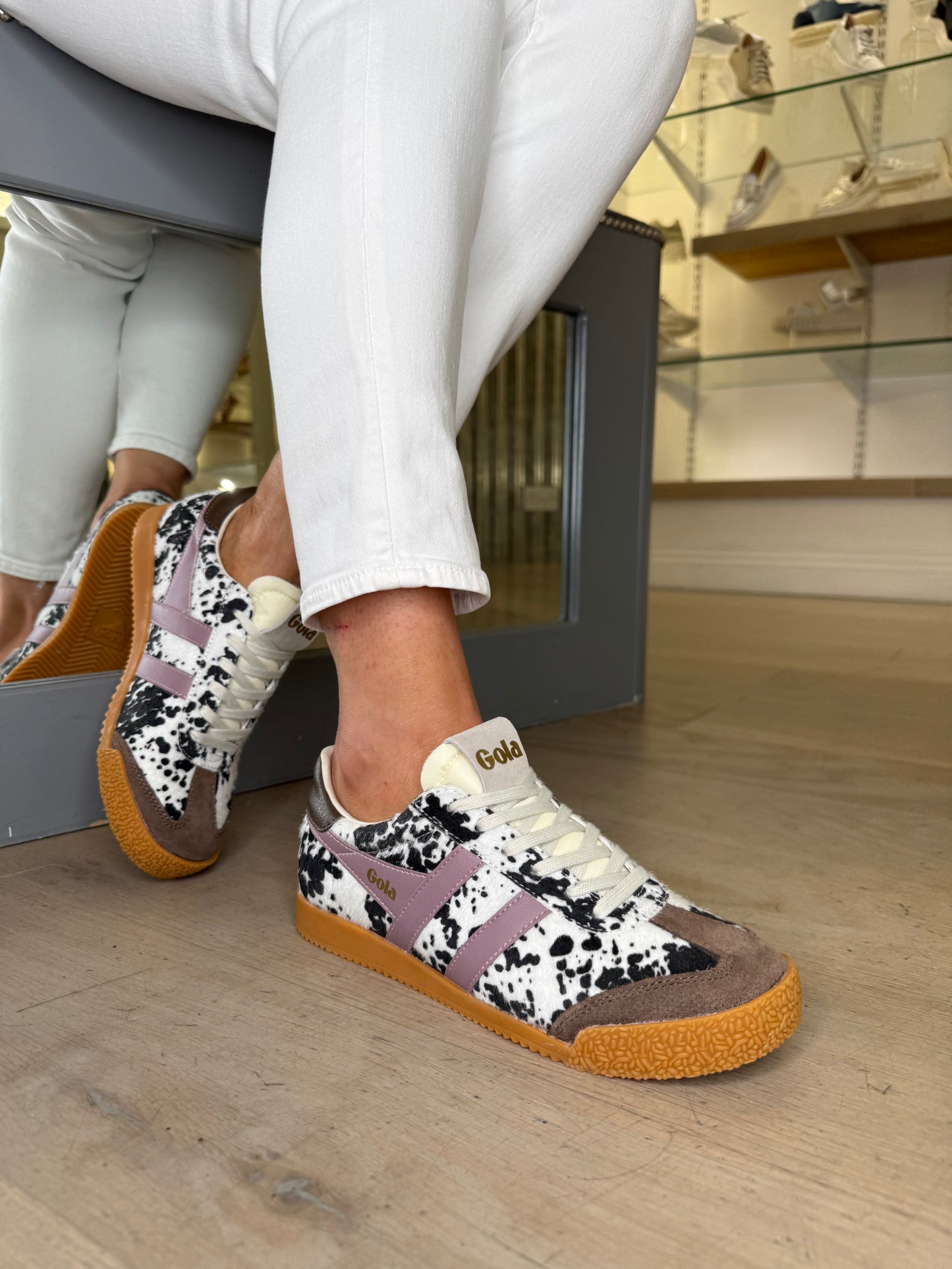 Gola - Elan Dalmation Print Trainer With Brown Suede & Dark Lavender Trim