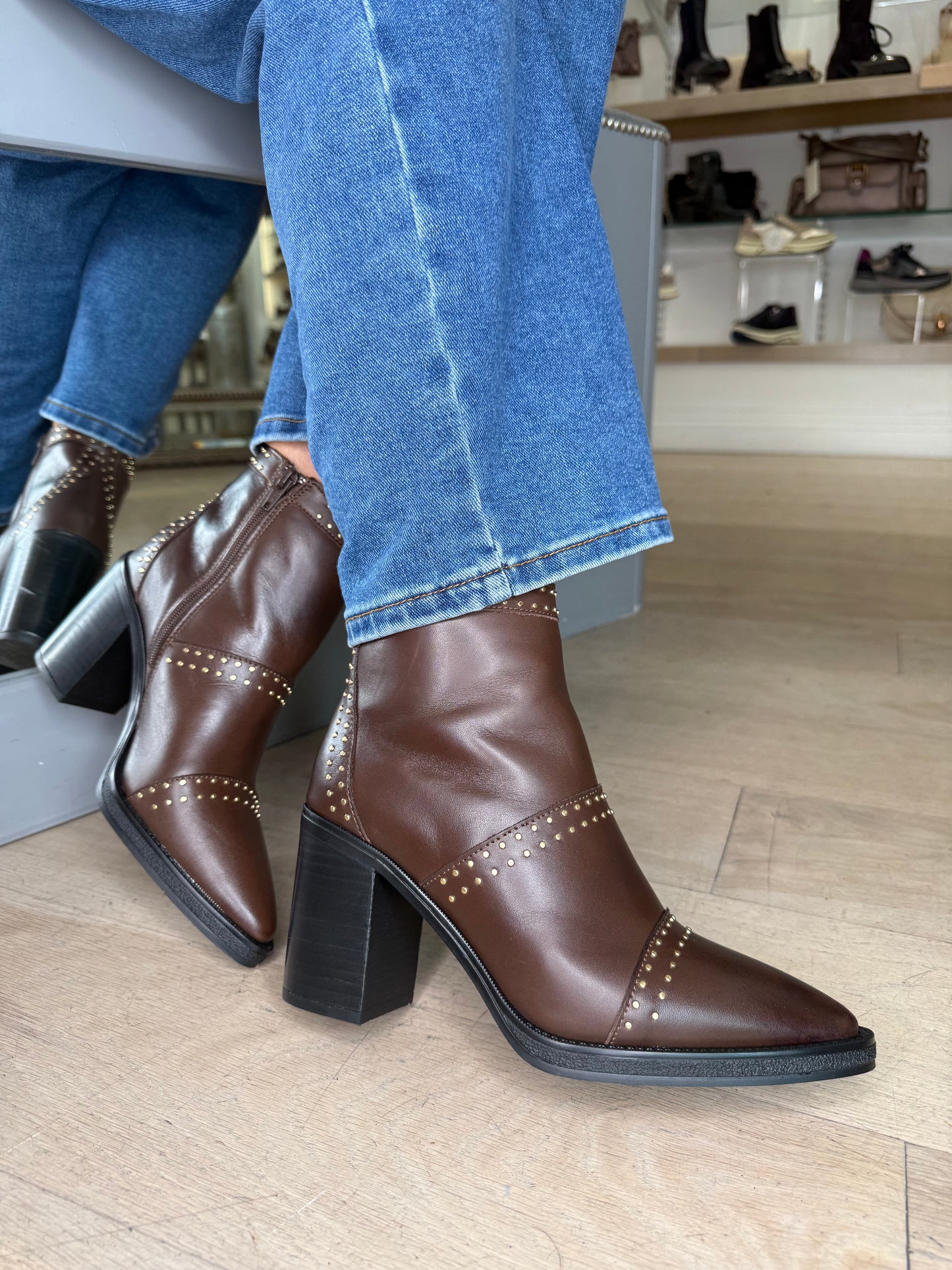 Alpe - Dark Brown Leather Boot With Gold Stud Trim & Block Heel
