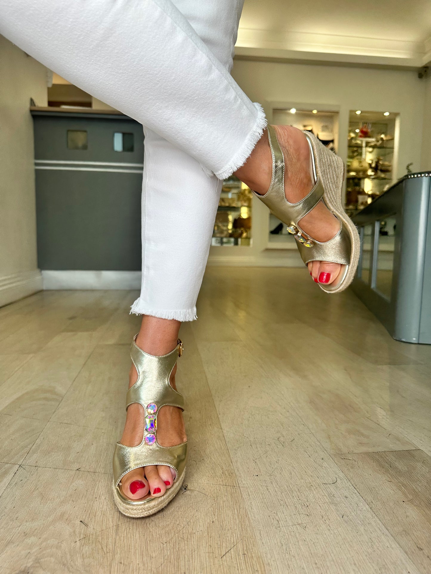 Loretta Vitale - Metallic Gold Espadrille Wedge With Stone Trim