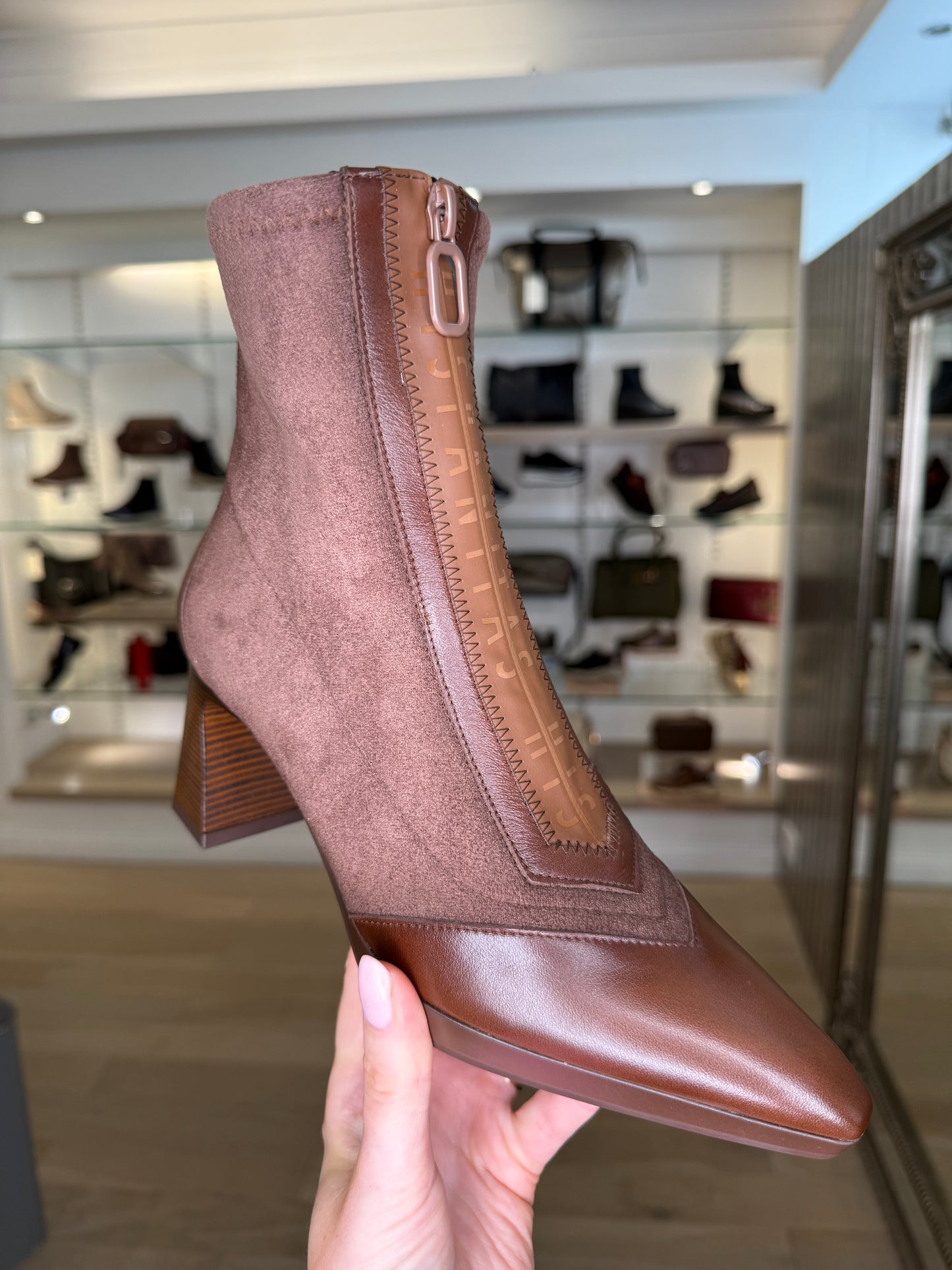 Hispanitas - Rich Brown Suede/ Leather Mix Pointy Toe Boot With Stacked Heel