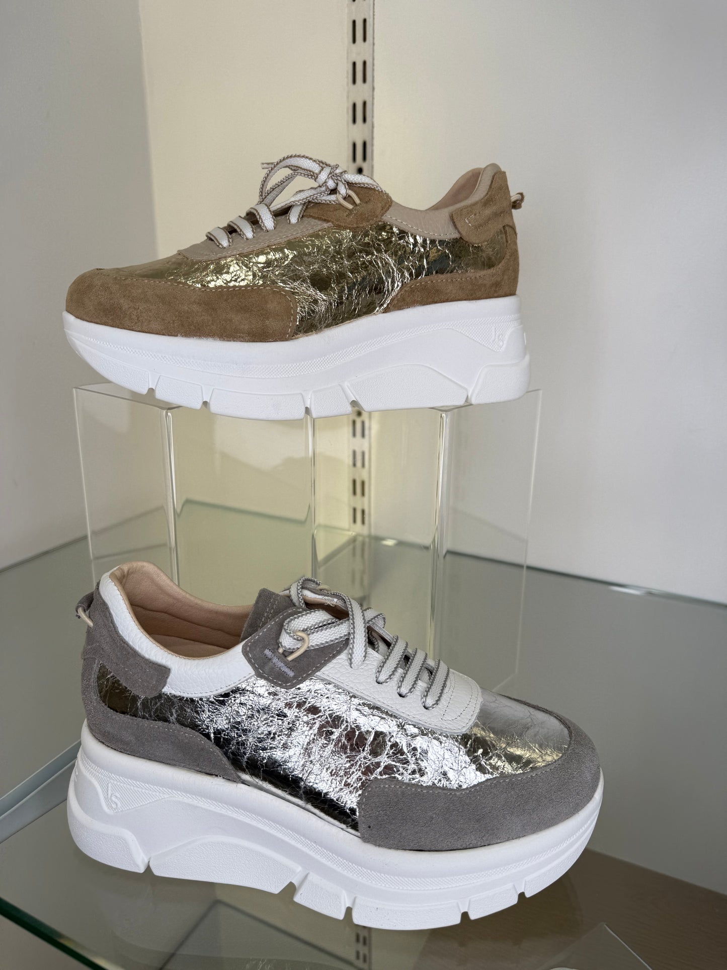 Jose Saenz - Soft Grey Suede Lace Up Wedge Shoe With Silver Foil Metallic Inset