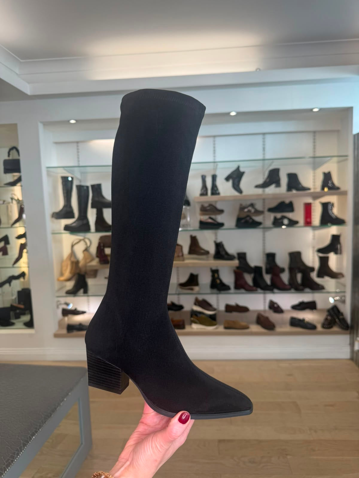 Miss Elastic - Black Long Suede Western Style Block Heel Boot