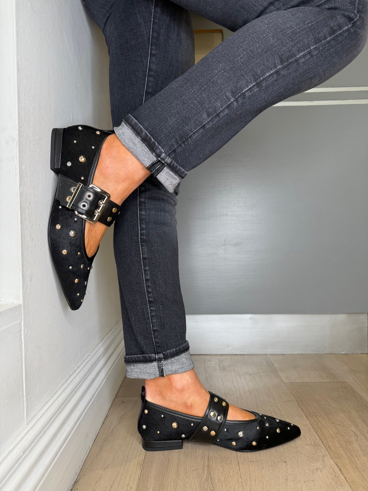 Lodi - Black Pointy Toe Pomps With Studded Trim