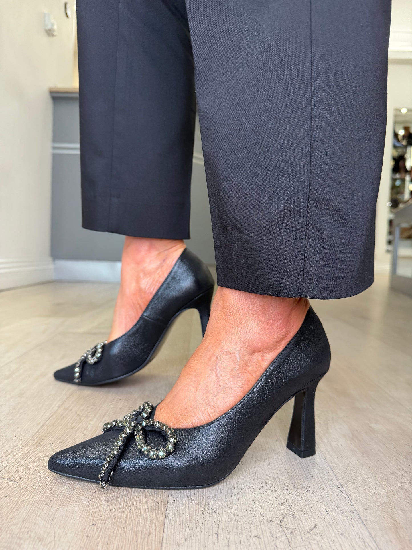 Marian - Black Nubuck Pointy Toe Heels With Bow Trim