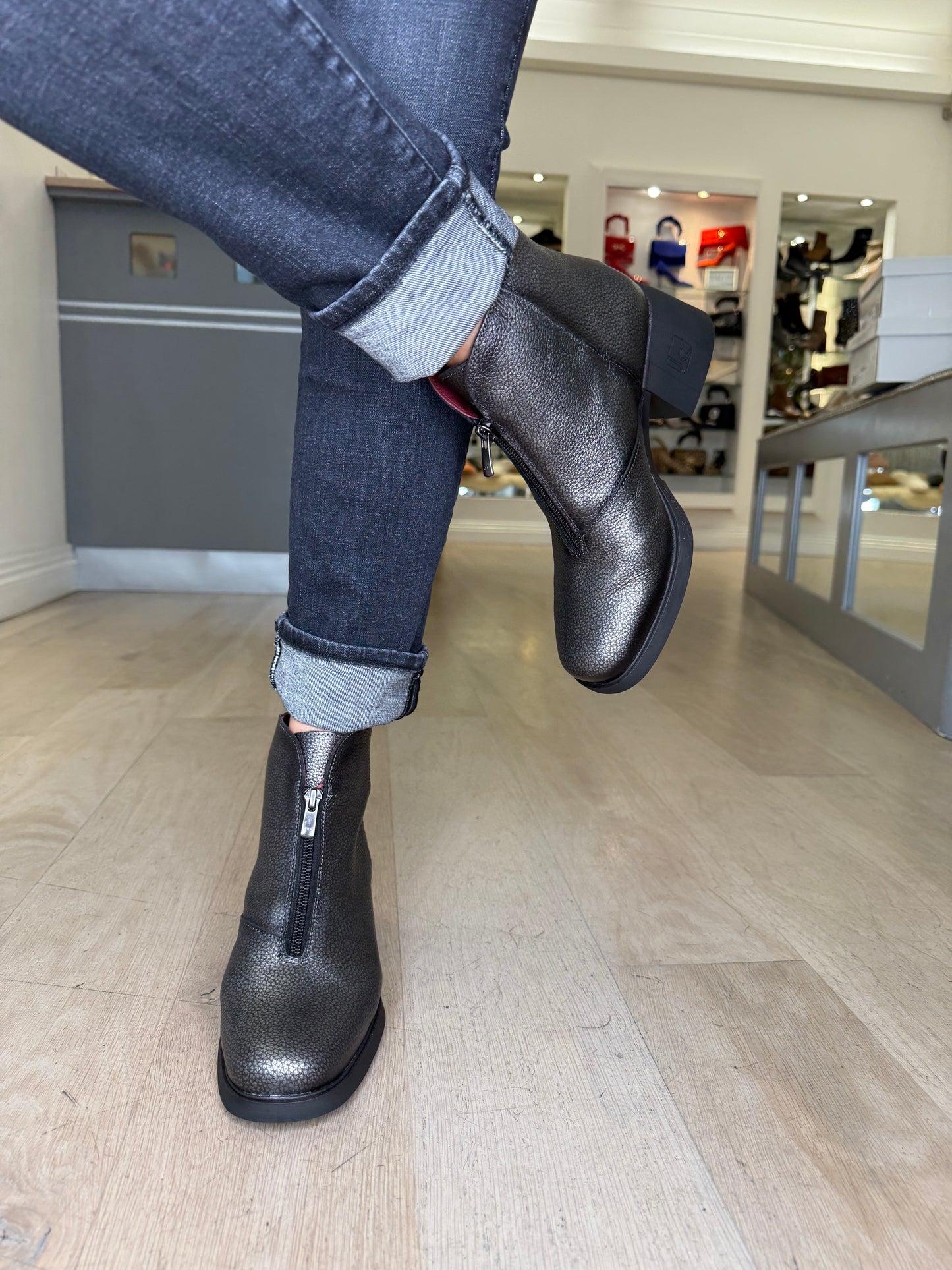 Jose Saenz - Pewter Leather Block Heel Zip Up Boot