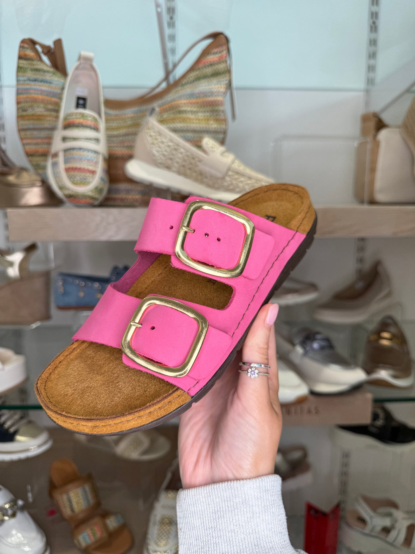 Rohde - Hot Pink Suede 2 Strap Slider With Gold Buckle Trim