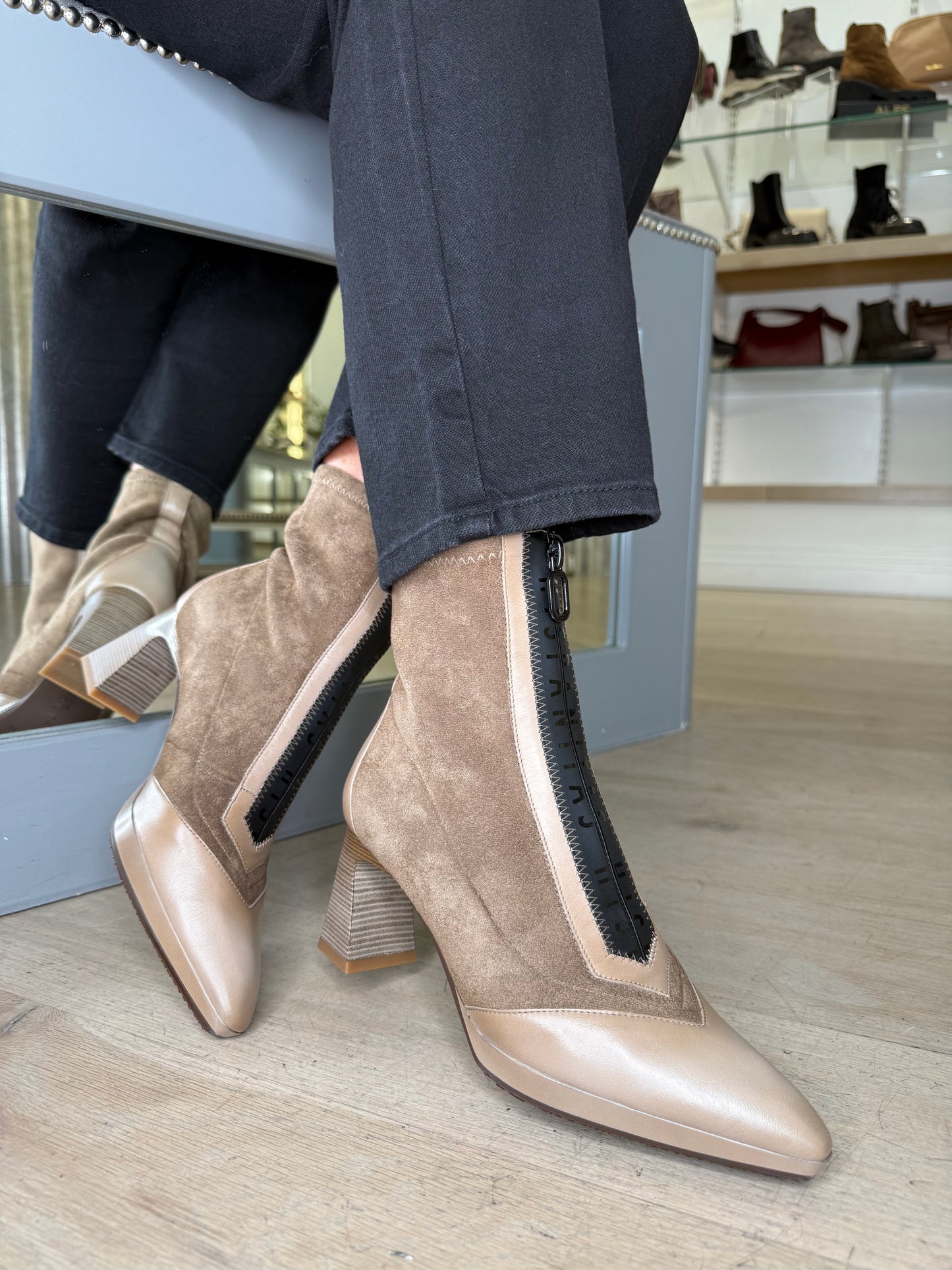 Hispanitas - Taupe Suede/Leather Mix Pointy Toe Boot With Stacked Heel