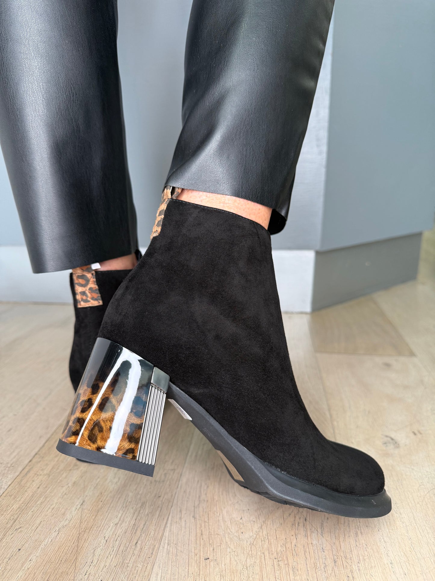 Loretta Vitale - Black Suede Block Heel Boot With Leopard Print Trim