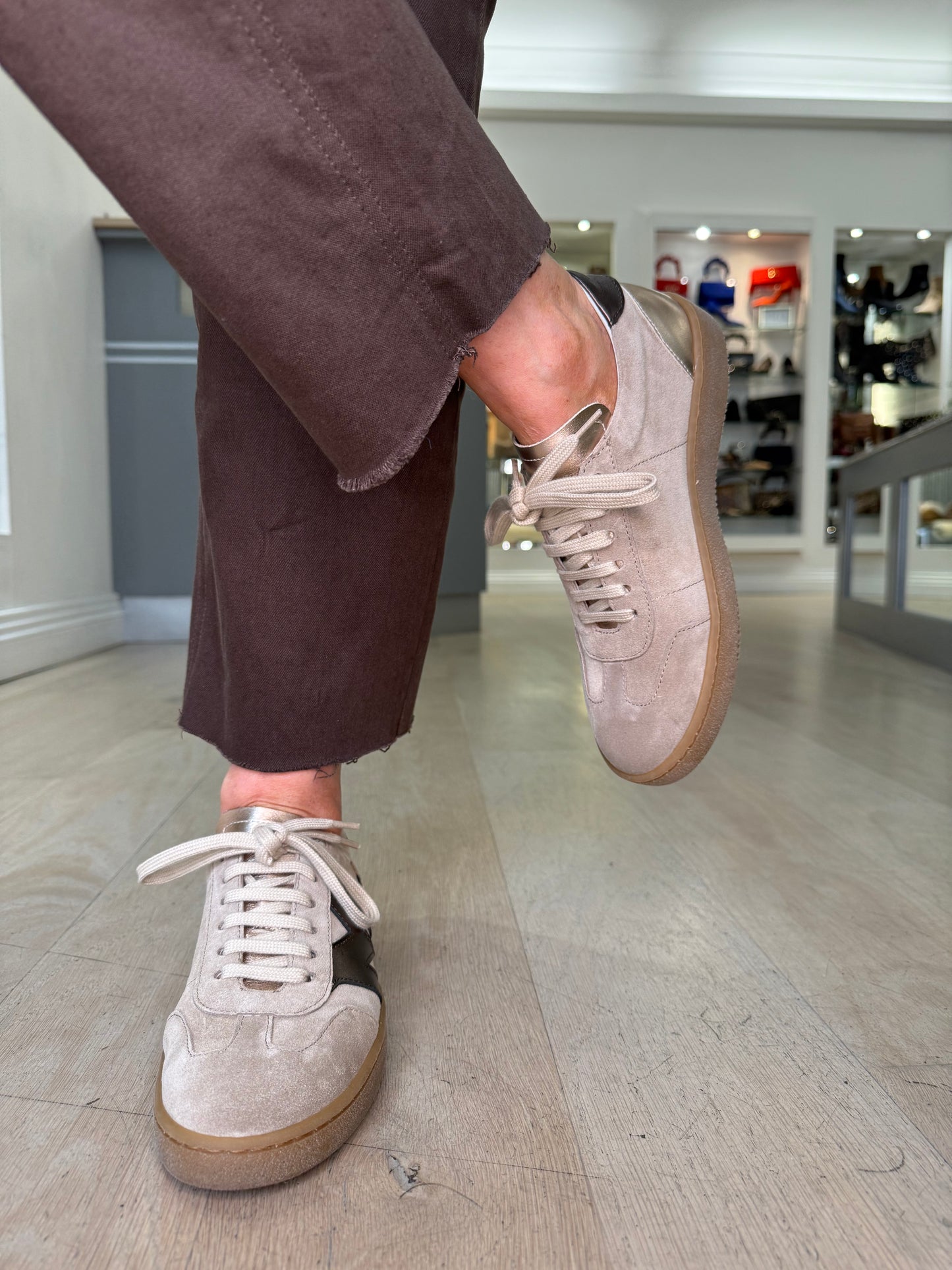 Marco Moreo -Beige Suede Trainer With Bronze Trim