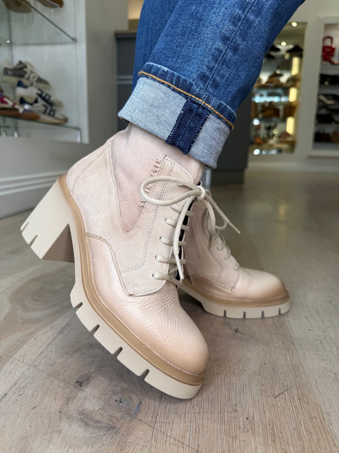 Hispanitas - Winter Cream Leather/ Suede Mix Boot With Lace Detail and Chunky Sole