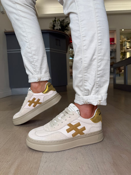 Another Trend - Beige Suede/ Snake Print Flatform Chunky Trainer With Yellow/Gold Trim