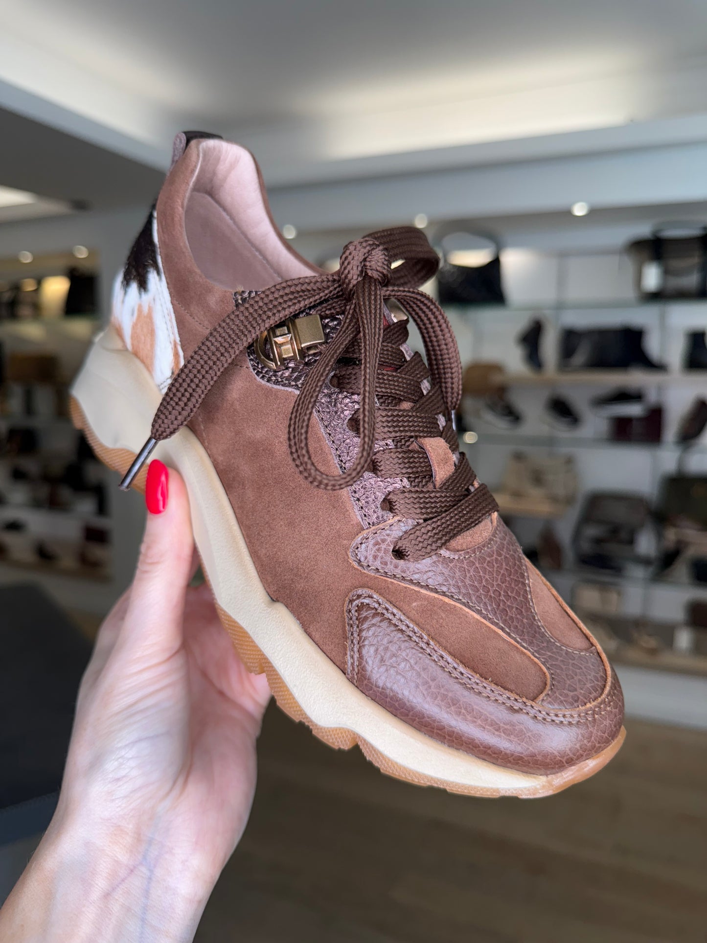 Hispanitas -Brown Suede/ Leather Animal Print Trainer With Metallic Bronze trim