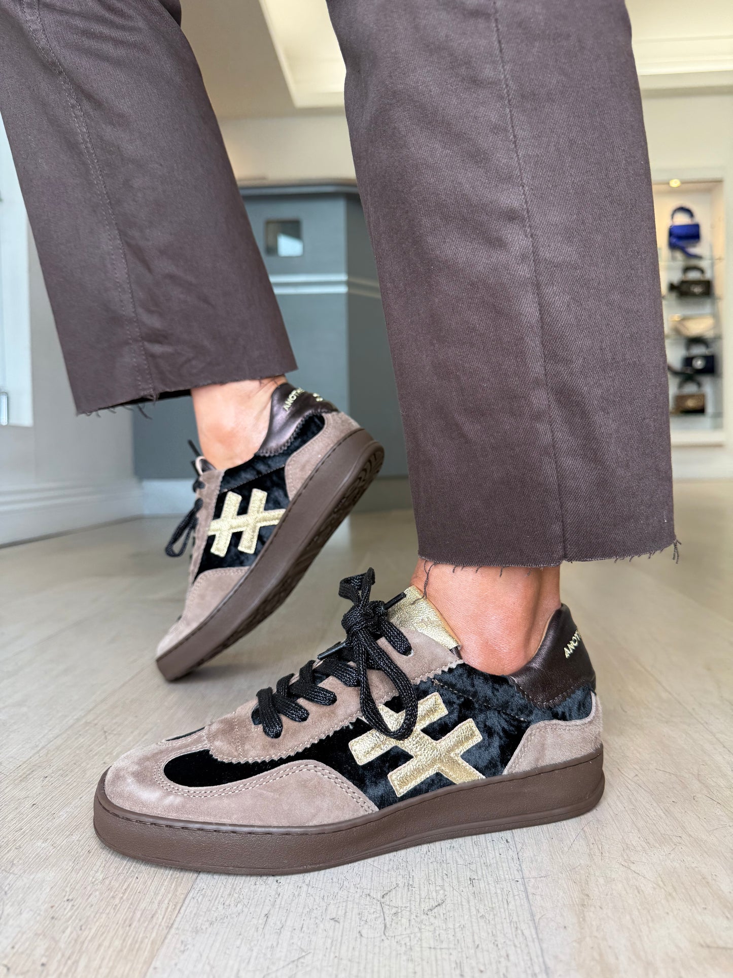 Another Trend - Soft Brown Suede/ Black Velvet Trainer With Metallic Gold & Dark Bronze Trim