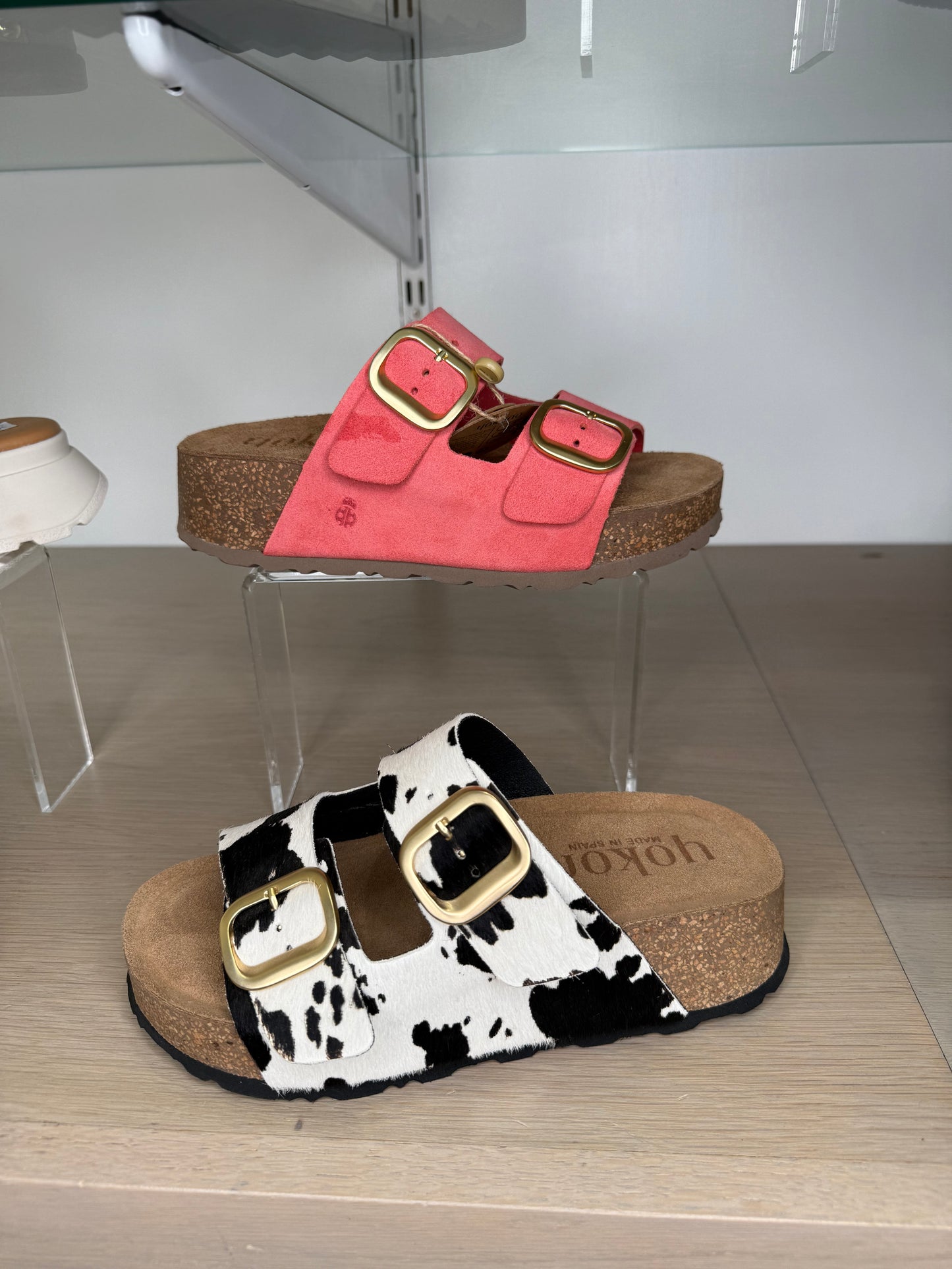 Yokono - Black & White Cow Print 2 Strap Chunky Slider With Gold Buckle Trim