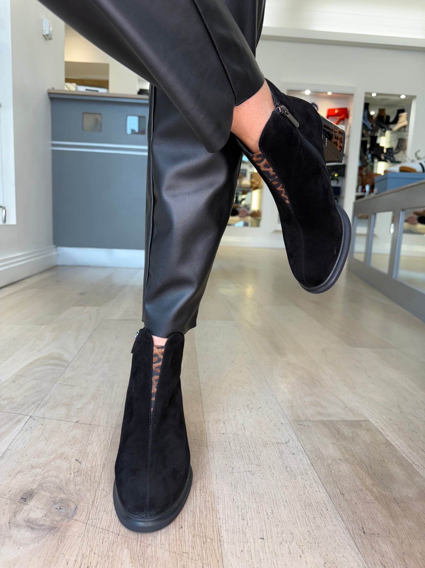 Loretta Vitale - Black Suede Block Heel Boot With Leopard Print Trim