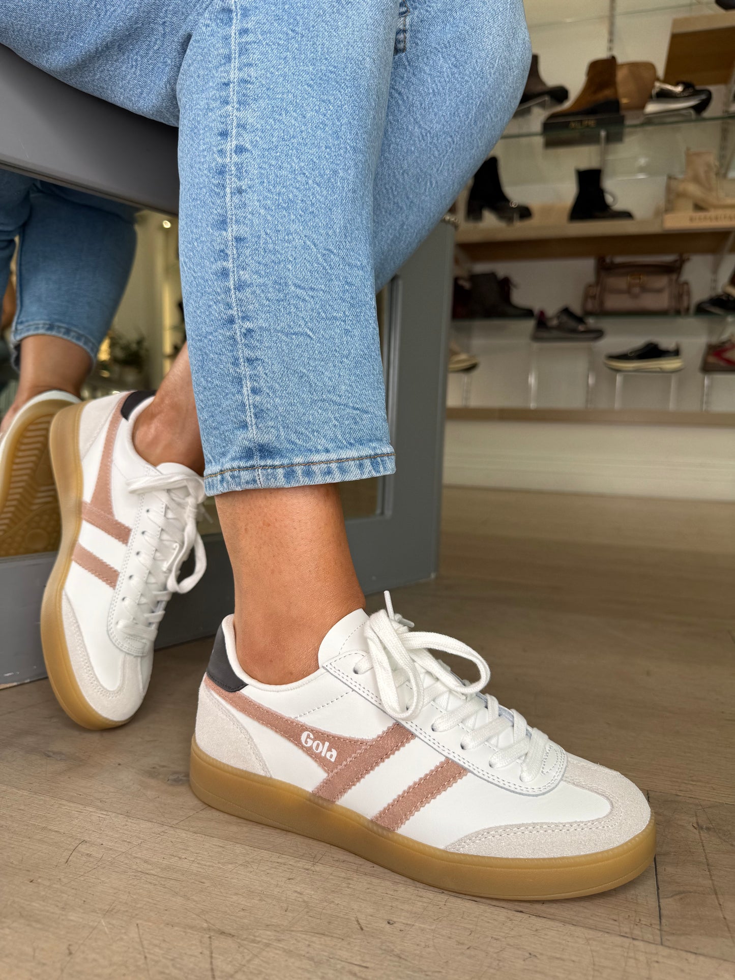 Gola = Viper White Leather Gum Sole Trainers With Dark Brown Trim