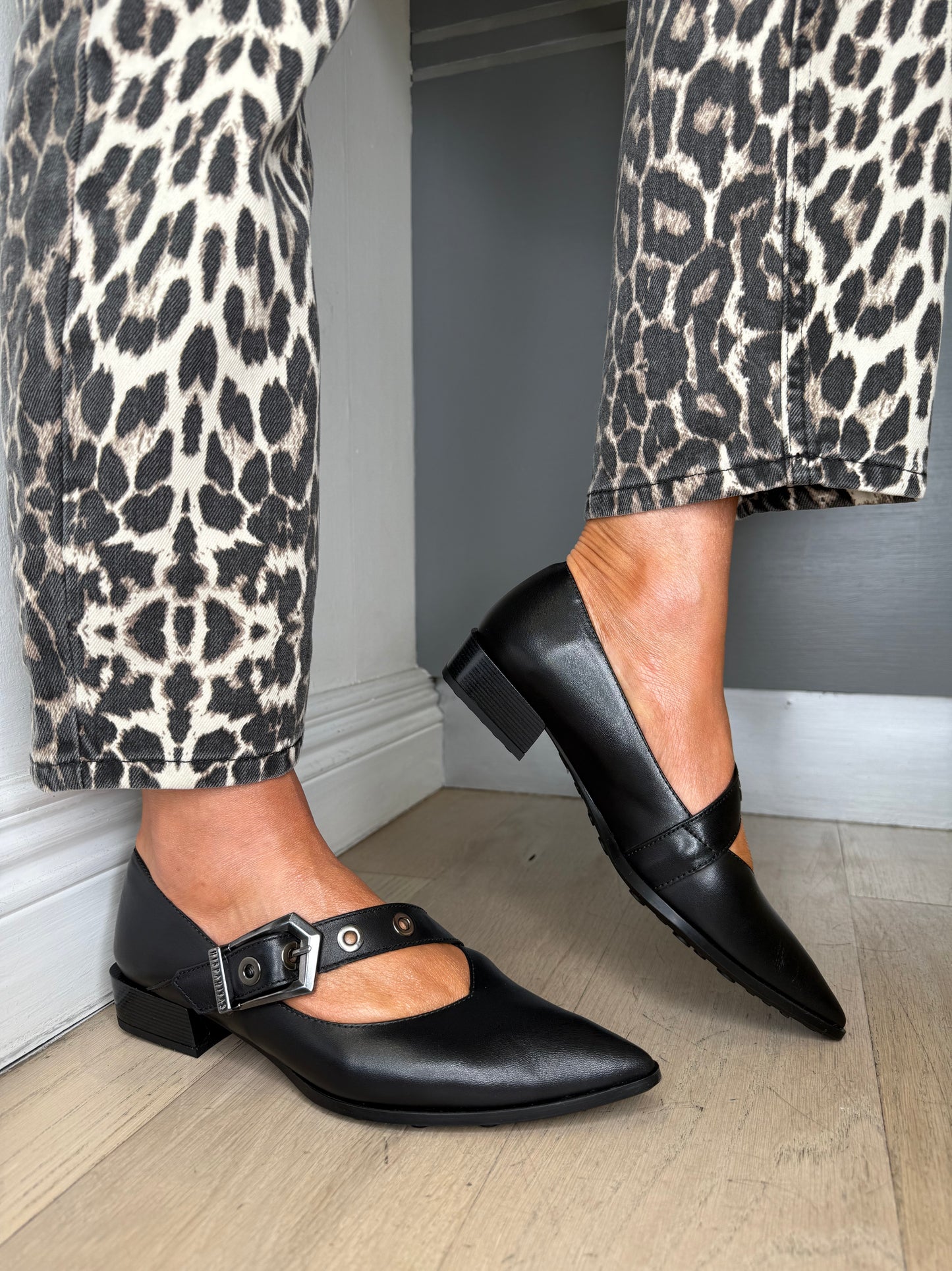 Hispanitas - Black Nappa Leather Pointy Toe Shoe With Strap Detail & Buckle Trim