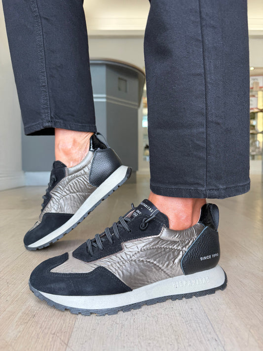 Hispanitas - Black Suede/ Taupe Padded Fabric Mix Pull On Trainer