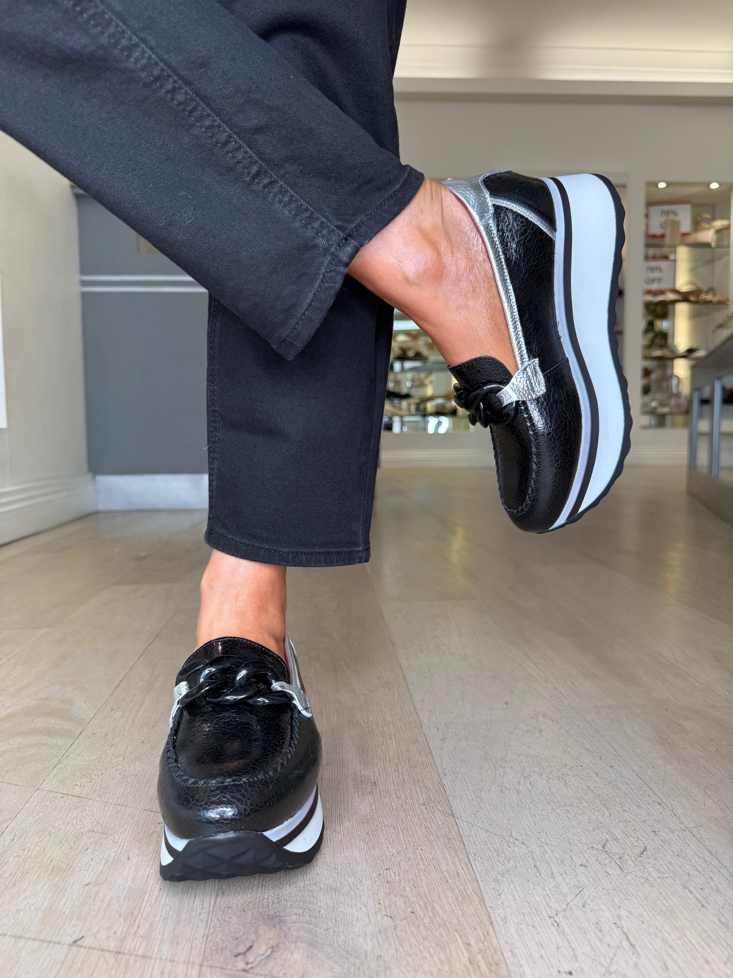 Jose Saenz - Black High Shine Leather Slip On Chunky Sole Shoe