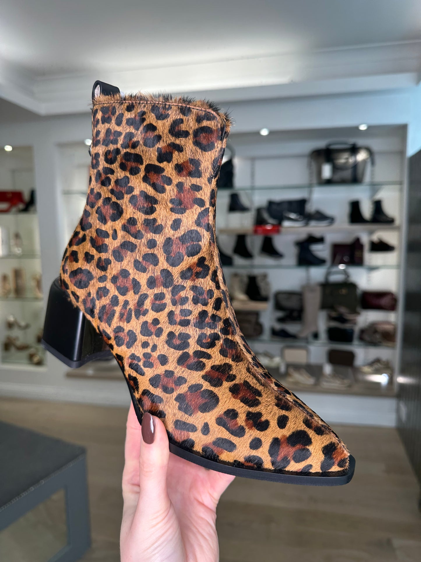 Loretta Vitale - Leopard Print Pointy Toe Block Heel Boot
