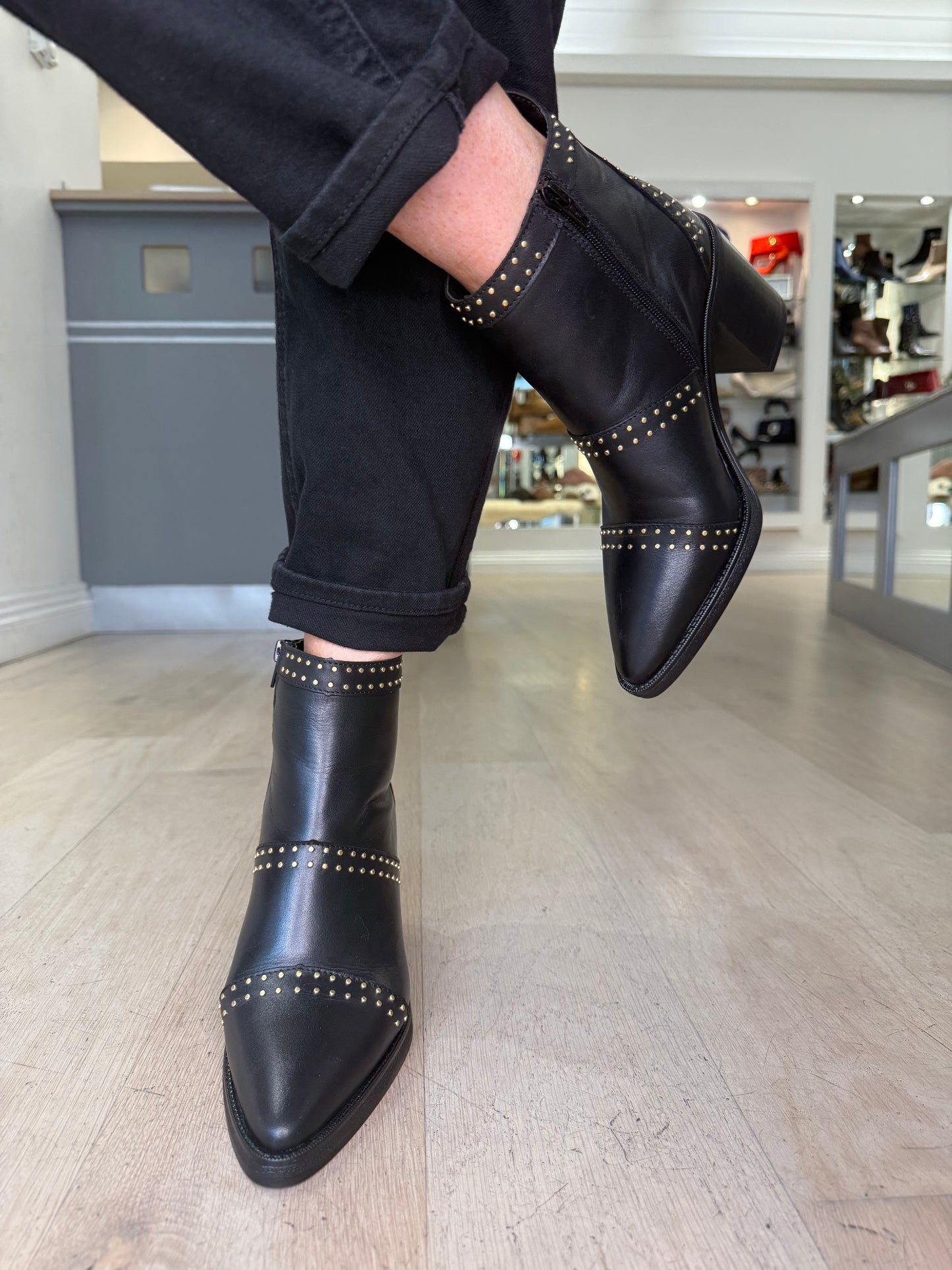 Alpe -Black Nappa Leather Boot With Gold Stud Trim & Block Heel
