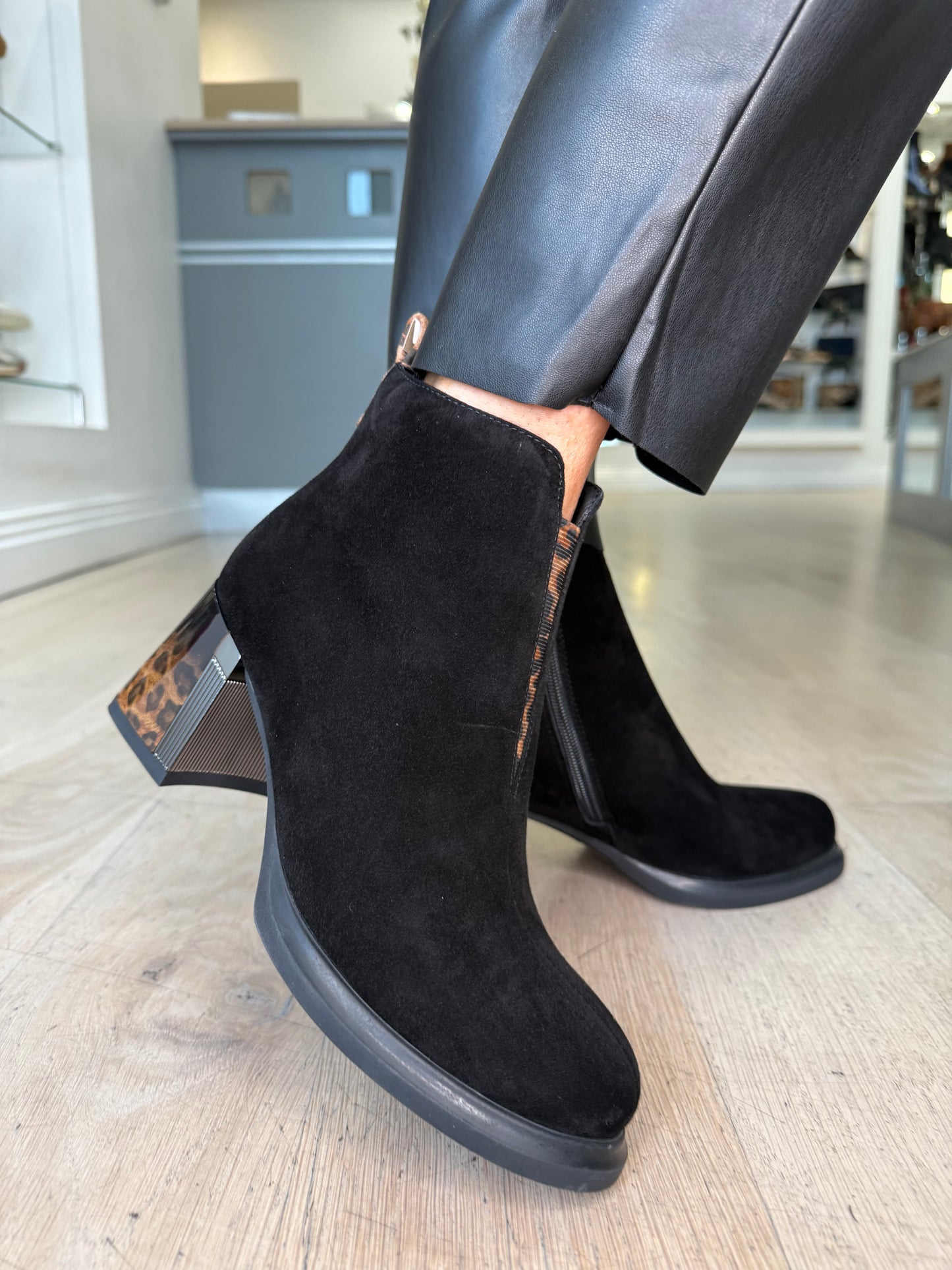 Loretta Vitale - Black Suede Block Heel Boot With Leopard Print Trim