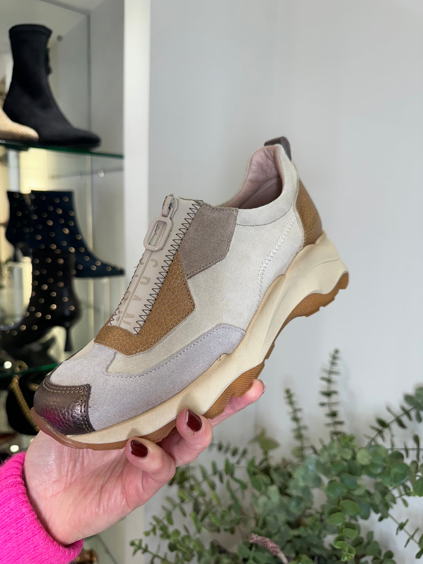 Hispanitas - Cream Suede / Leather Patent Mix Zip Up Sporty Shoe