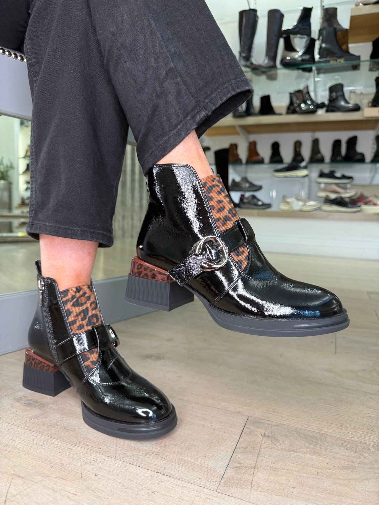 Loretta Vitale - Black Flexy Patent Boot With Leopard Print Trim & Block Heel