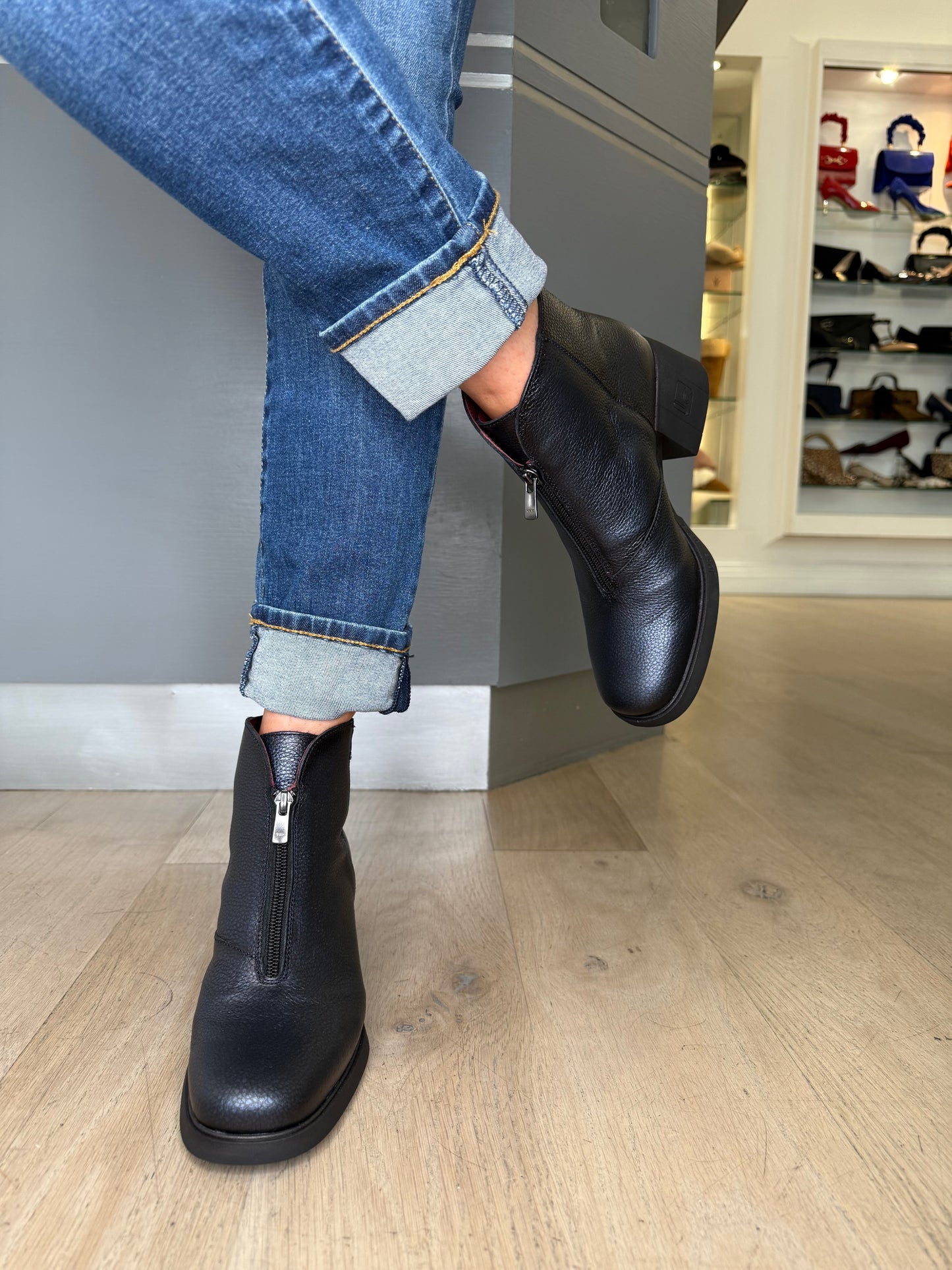 Jose Saenz - Dark Navy Leather Block Heel Zip Up Boot