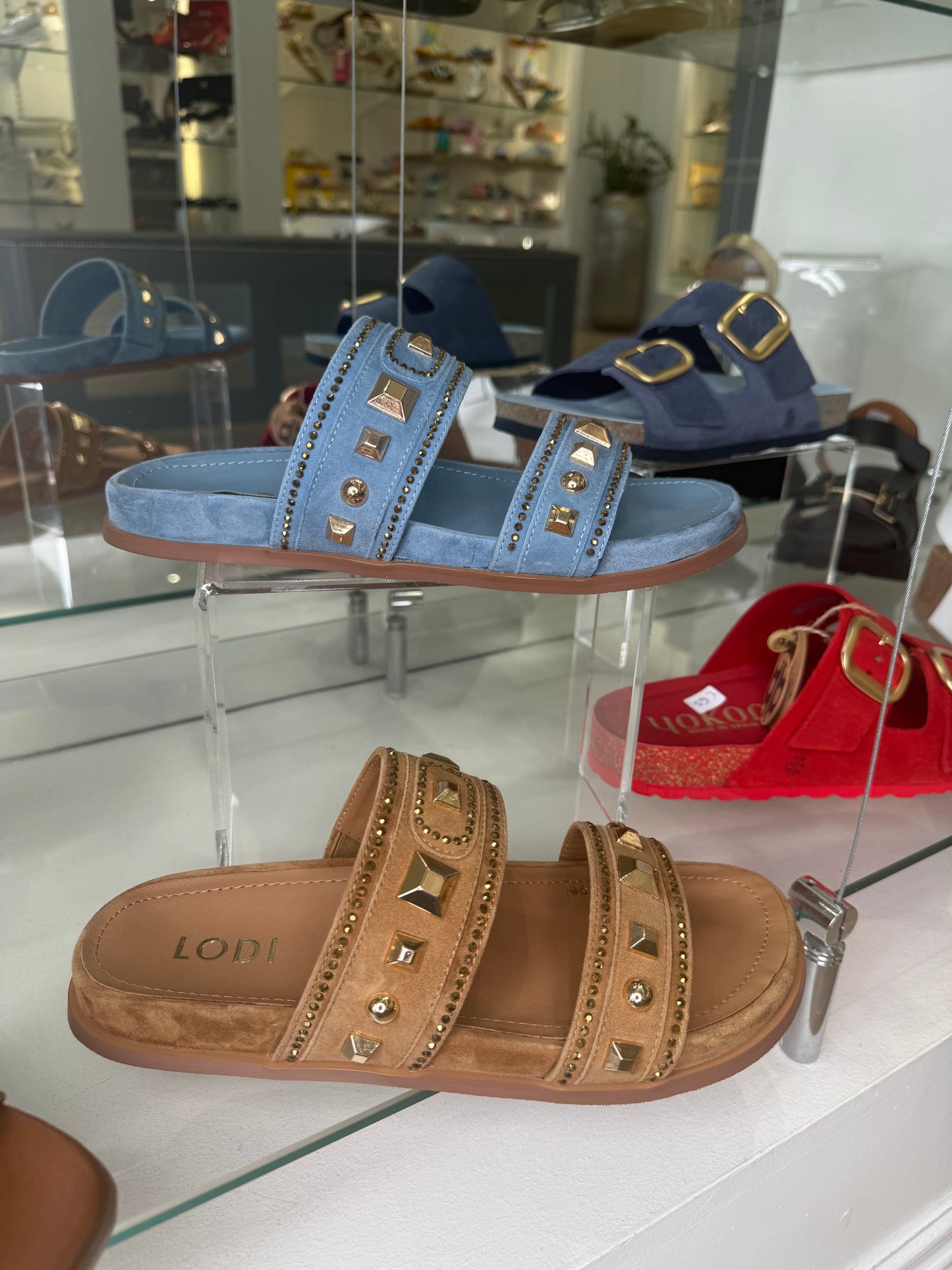 Lodi - Camel Suede 2 Strap Slider With Gold Stud Trim