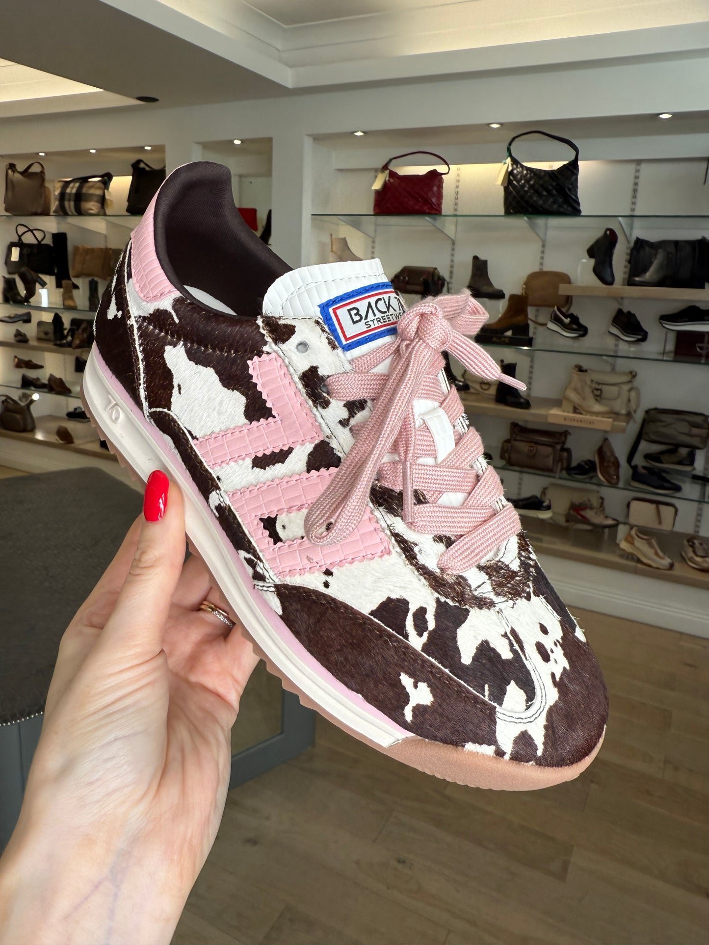 Back 70 - Jogger Dark Brown/ Cream Cow Print Trainer With Pink Trim