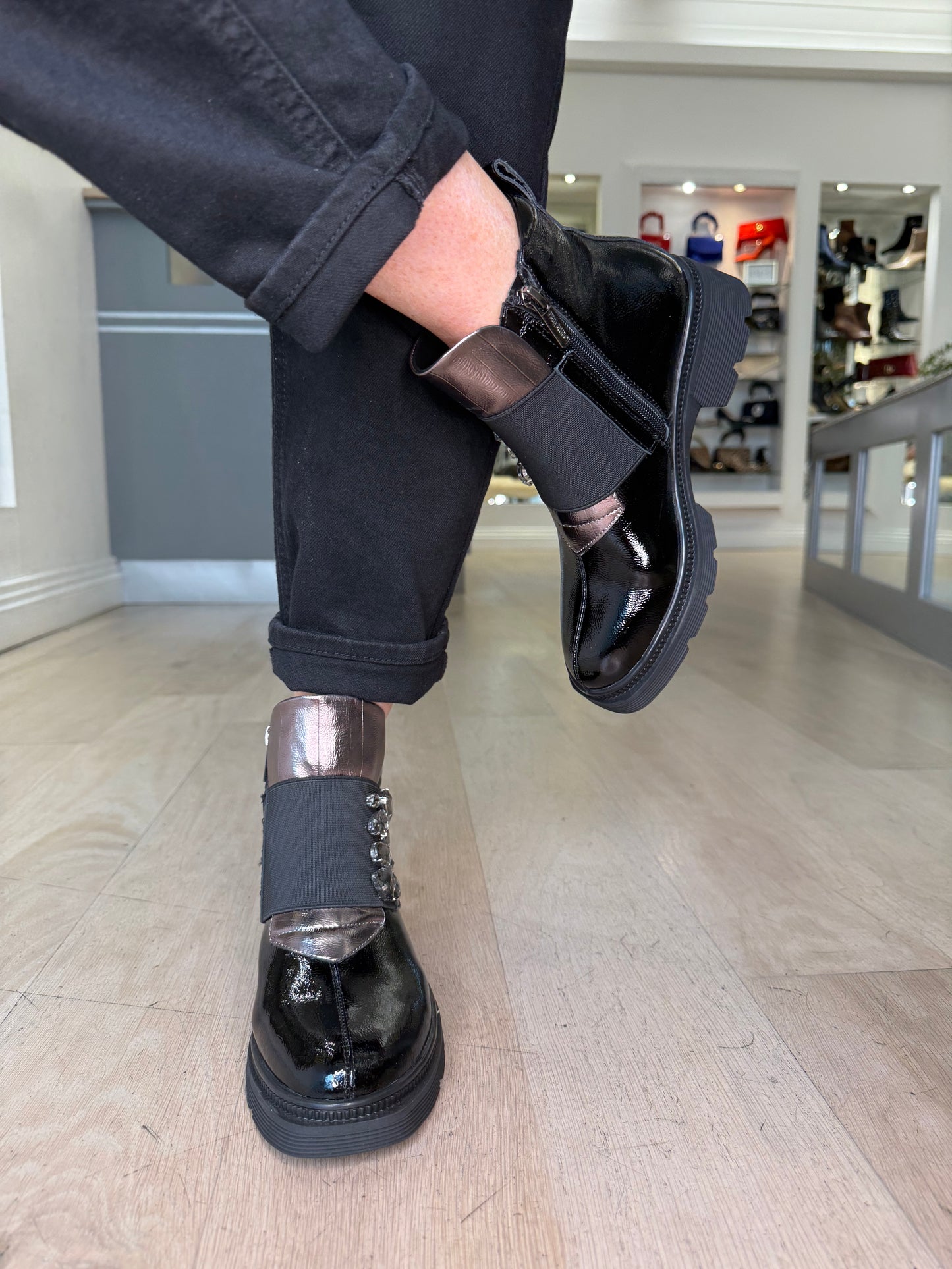 Loretta Vitale - Black Flexy Patent Biker Boot Style With Stone Detail