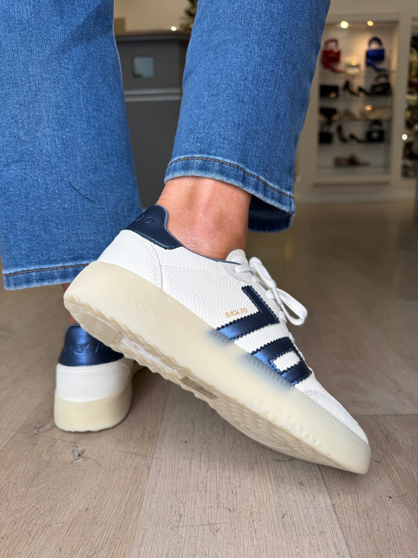Back 70 - Boston White Leather/ Stone Suede Trainer With Ice Blue Metallic Trim