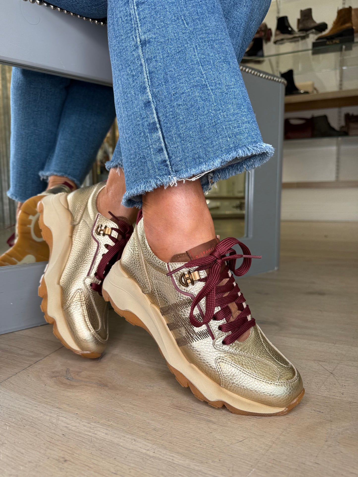 Hispanitas - Antique Gold Trainer With Wine Lace & Trim