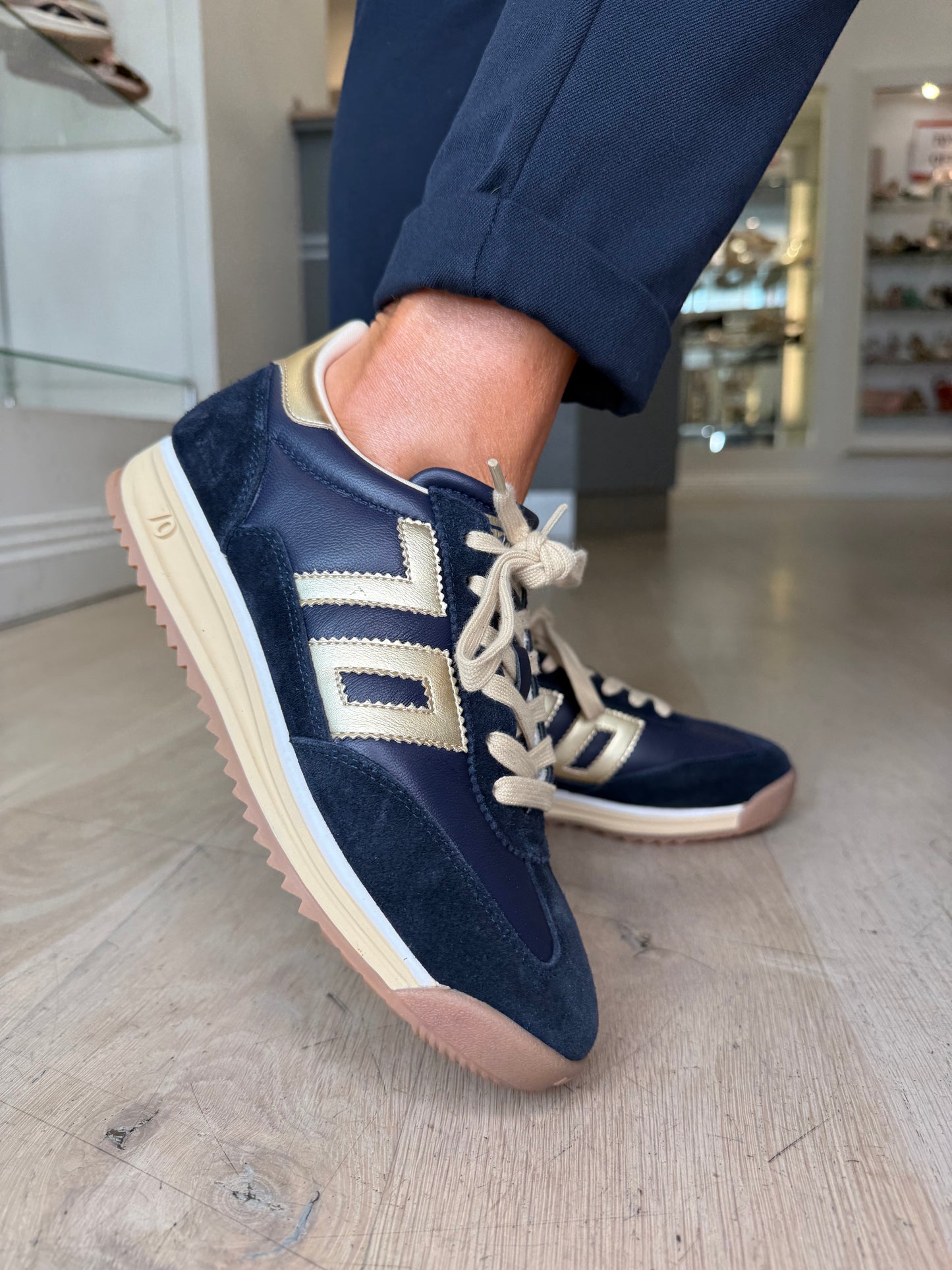 Back 70 - Dark Navy Suede / Leather Trainer with Gold Metallic Trim