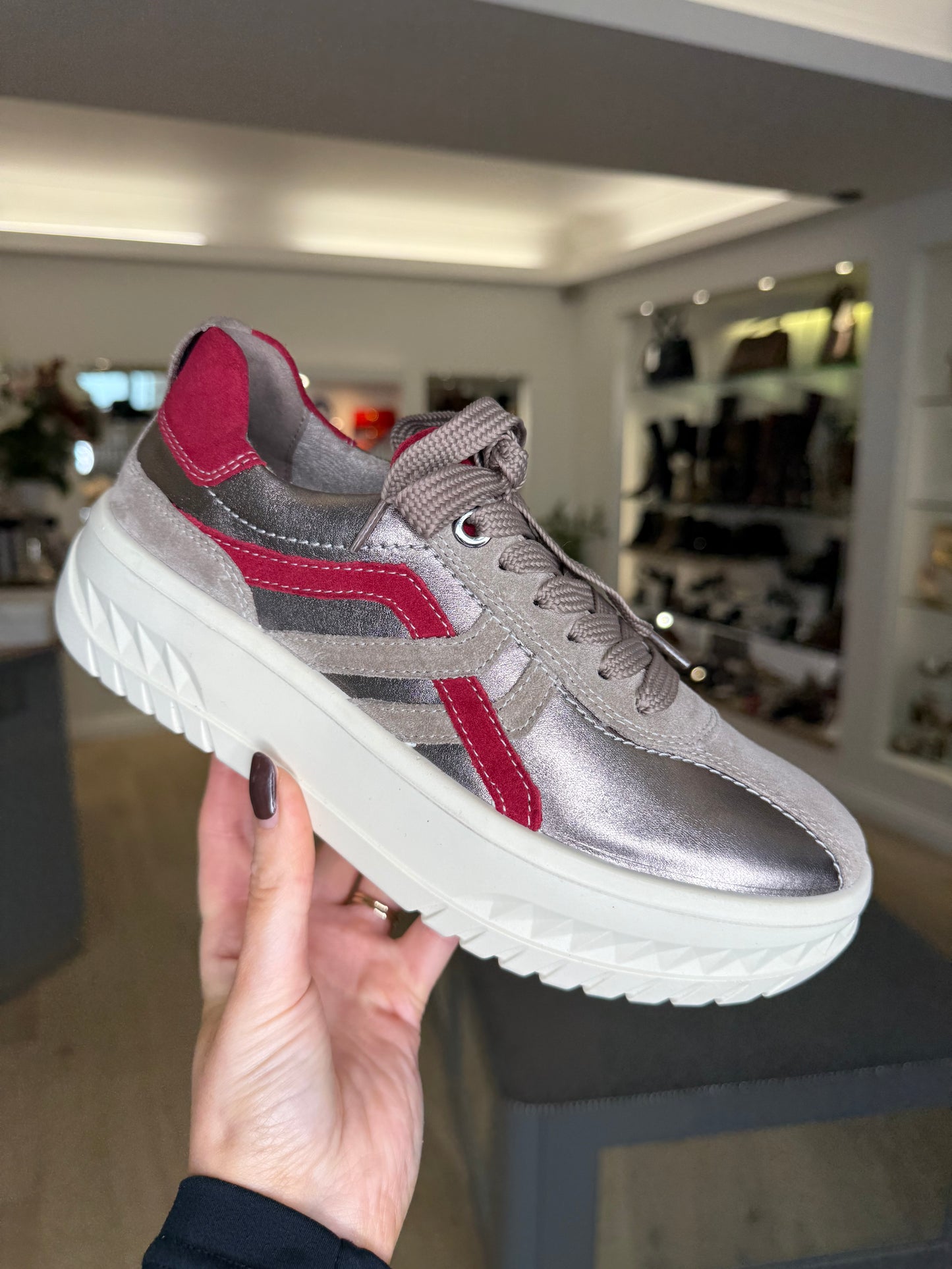 Ara - Soft Metallic Bronze/ Taupe & Red Suede Flatform Trainer