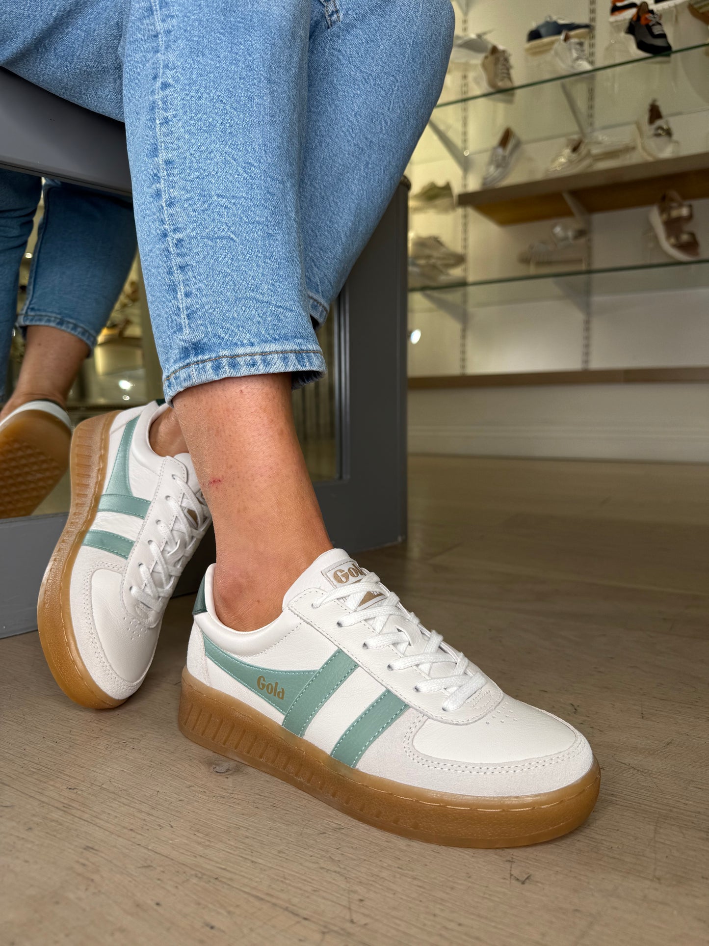 Gola - Grandslam White Leather Trainer With Green Trim