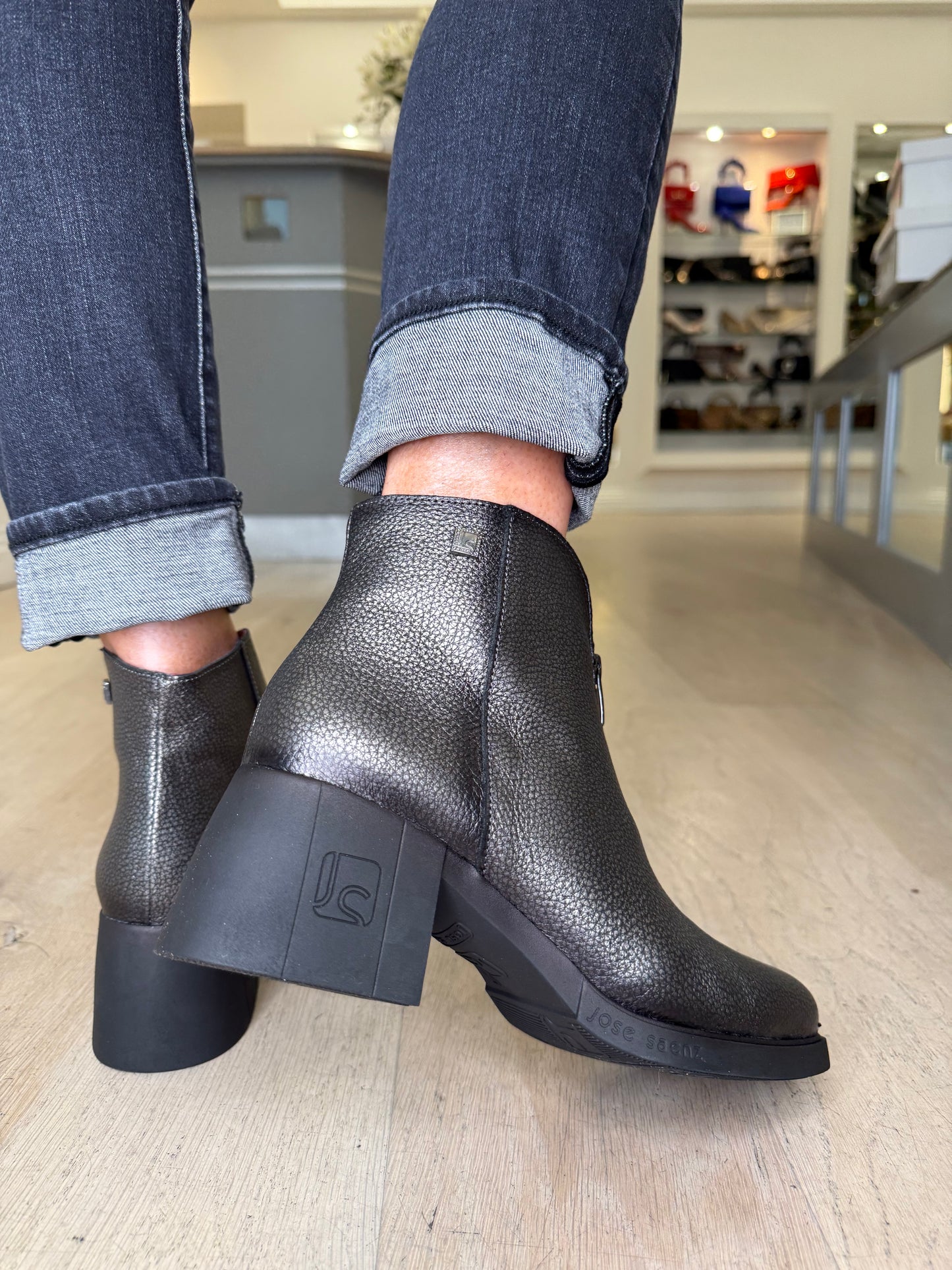 Jose Saenz - Pewter Leather Block Heel Zip Up Boot