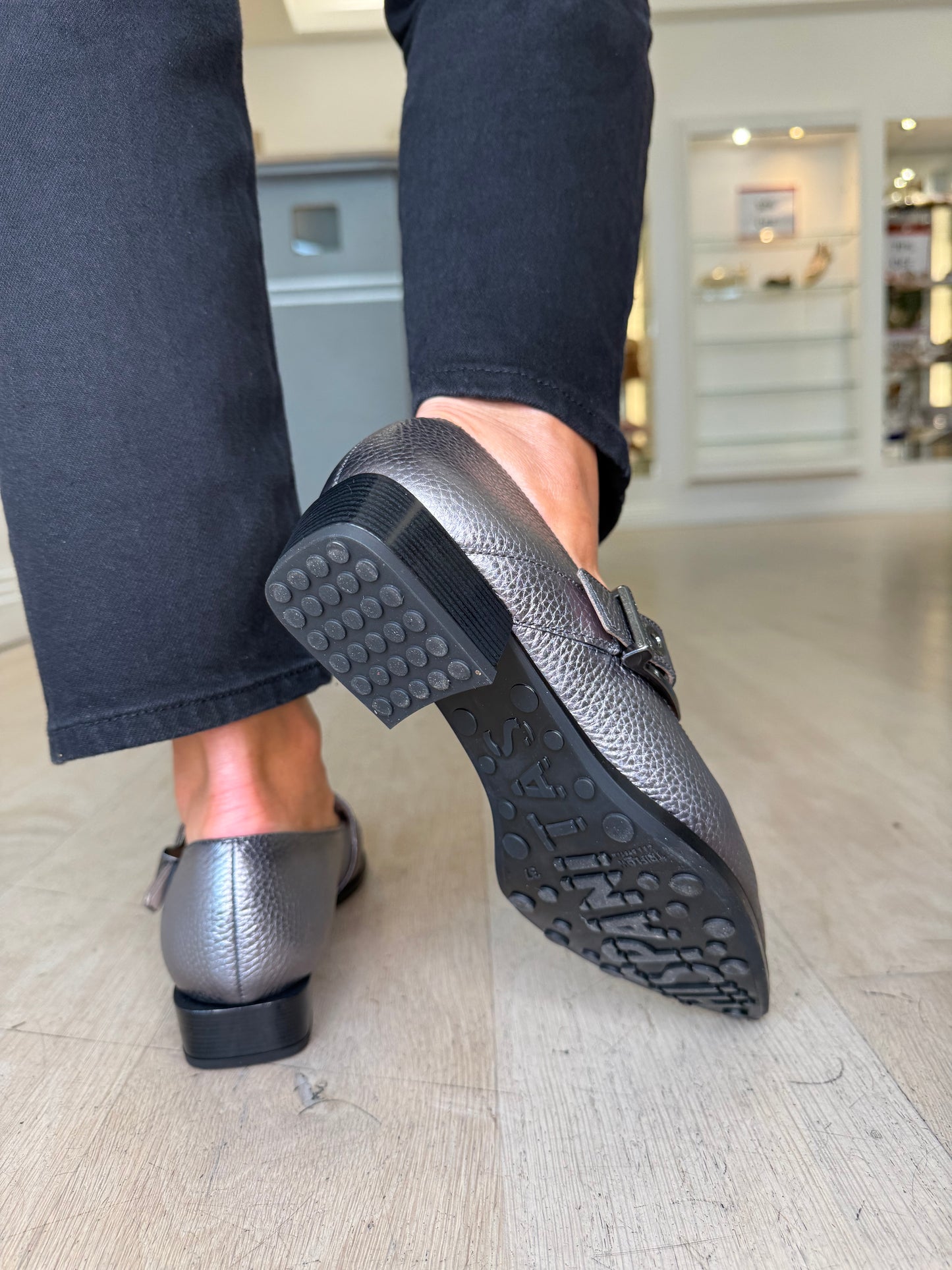 Hispanitas - Metallic Grey Leather Pointy Toe Shoe With Strap Detail & Buckle Trim