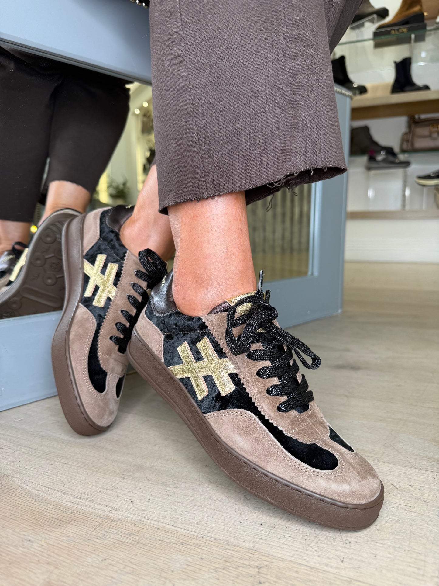 Another Trend - Soft Brown Suede/ Black Velvet Trainer With Metallic Gold & Dark Bronze Trim