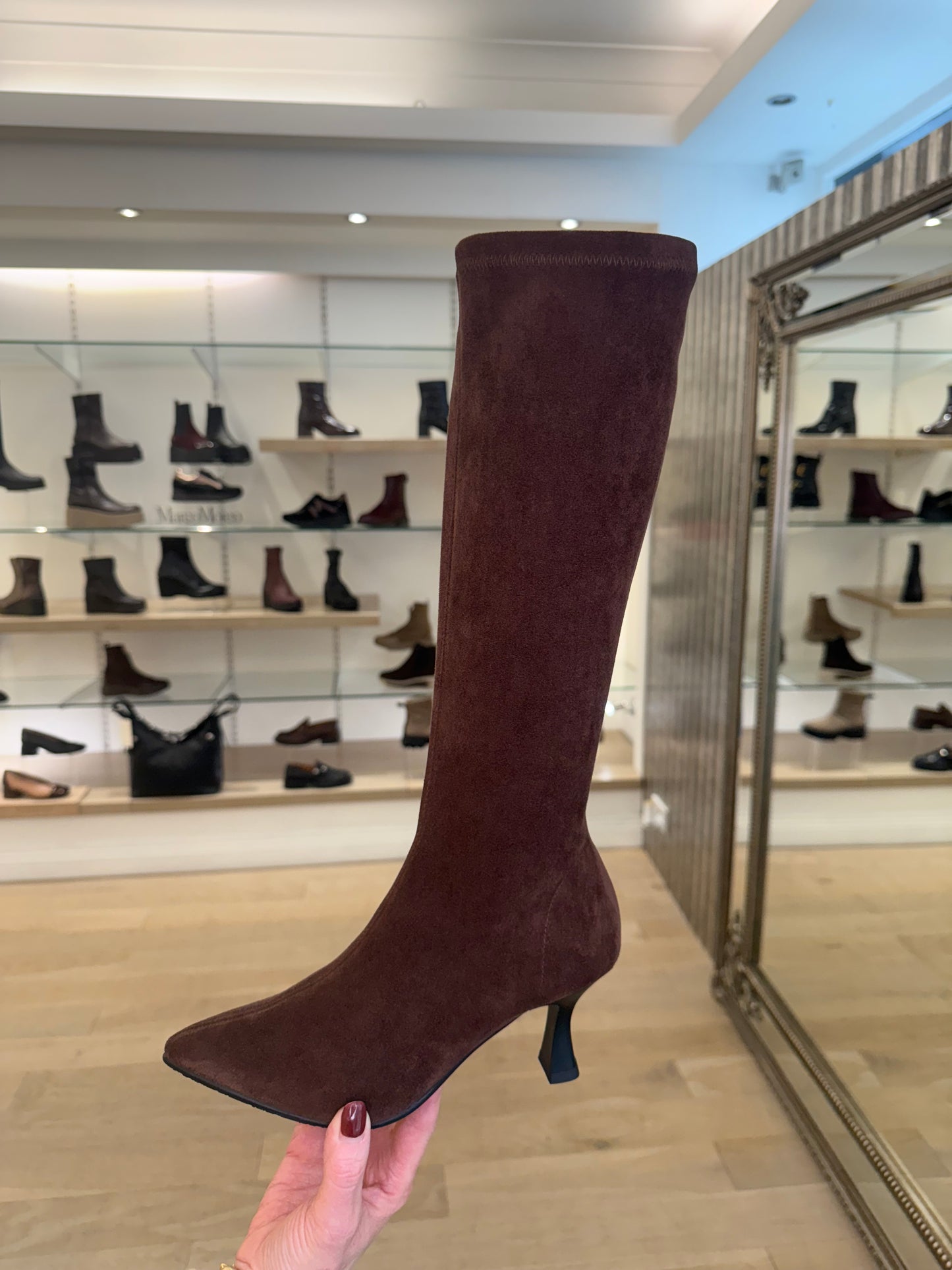 Miss Elastic - Long Pull On Chocolate Brown Stretch Suede Sock Pointed Toe Boot