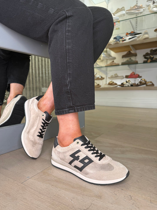 Ara - Beige Suede/ Gold Shimmer Trainer With Black Trim