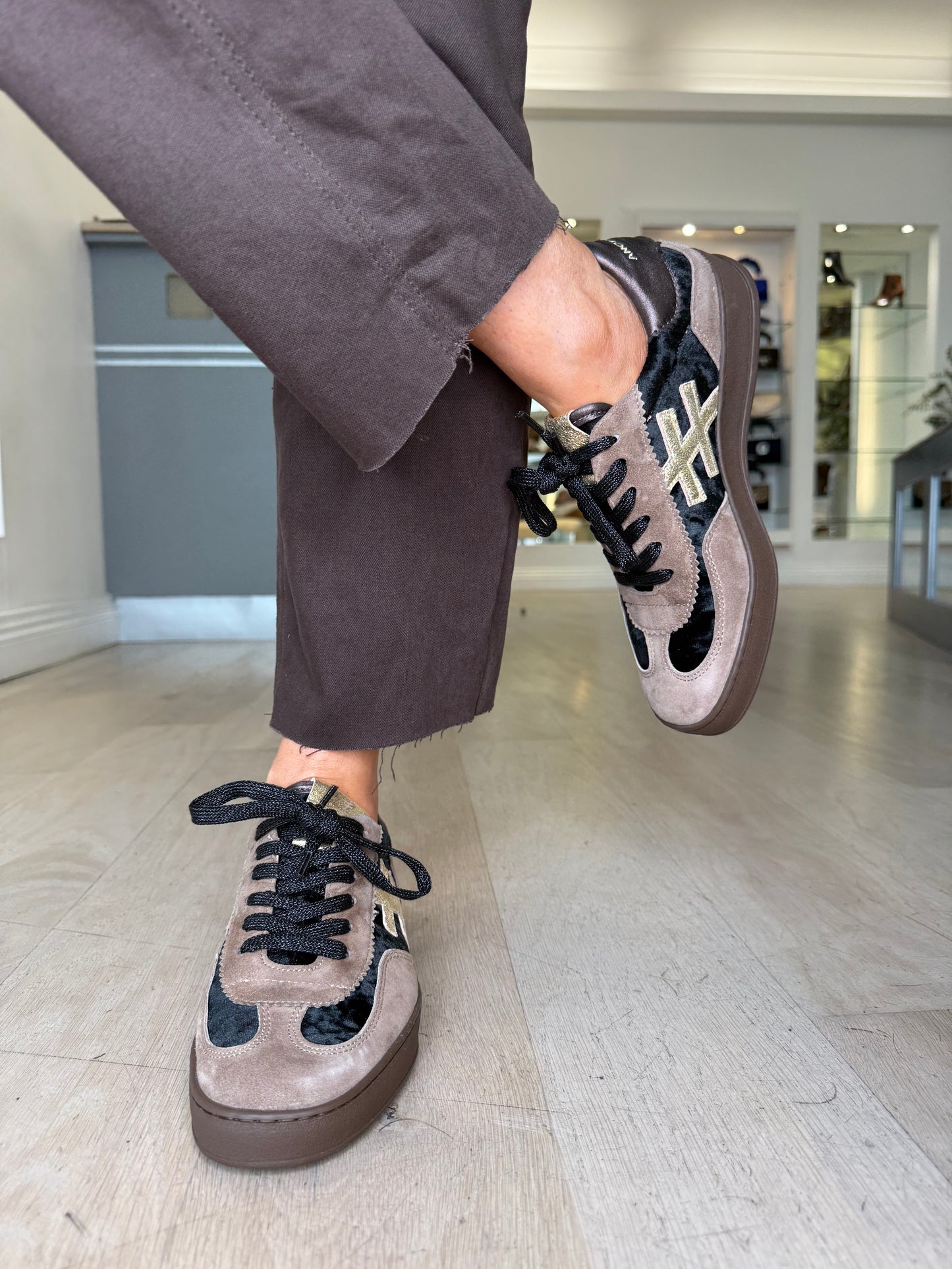 Another Trend - Soft Brown Suede/ Black Velvet Trainer With Metallic Gold & Dark Bronze Trim