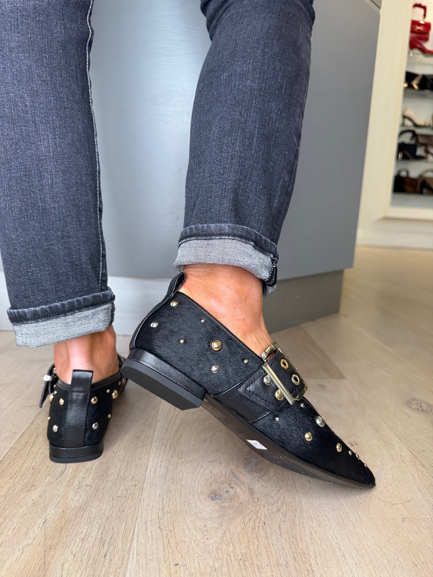 Lodi - Black Pointy Toe Pomps With Studded Trim