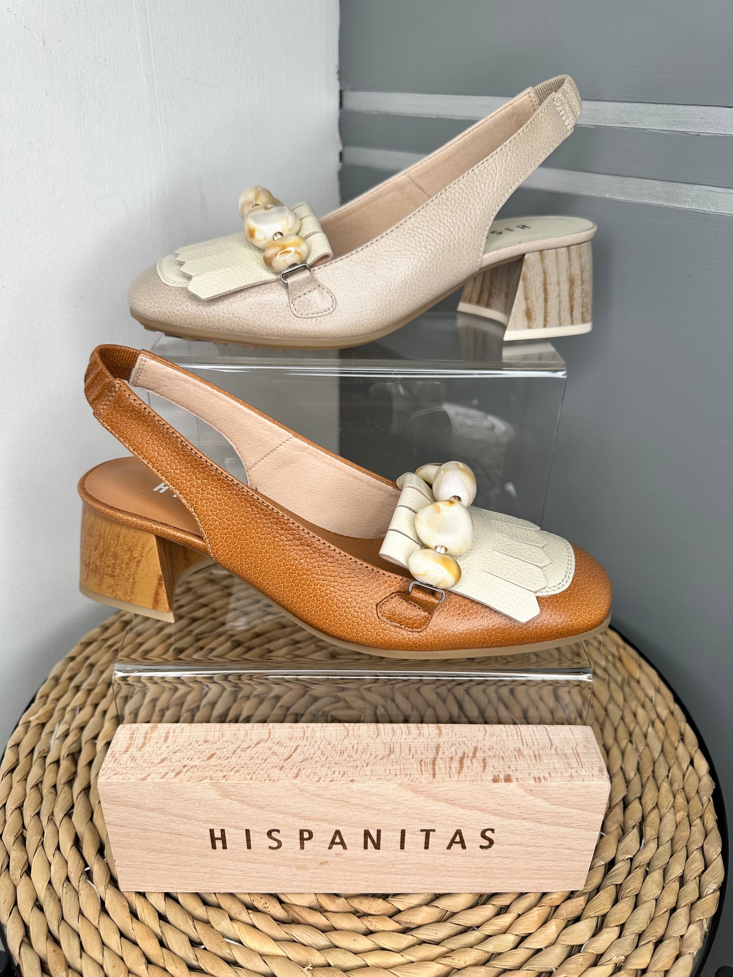 Hispanitas -Taupe/Cream Slingback Shoe With Beaded Trim