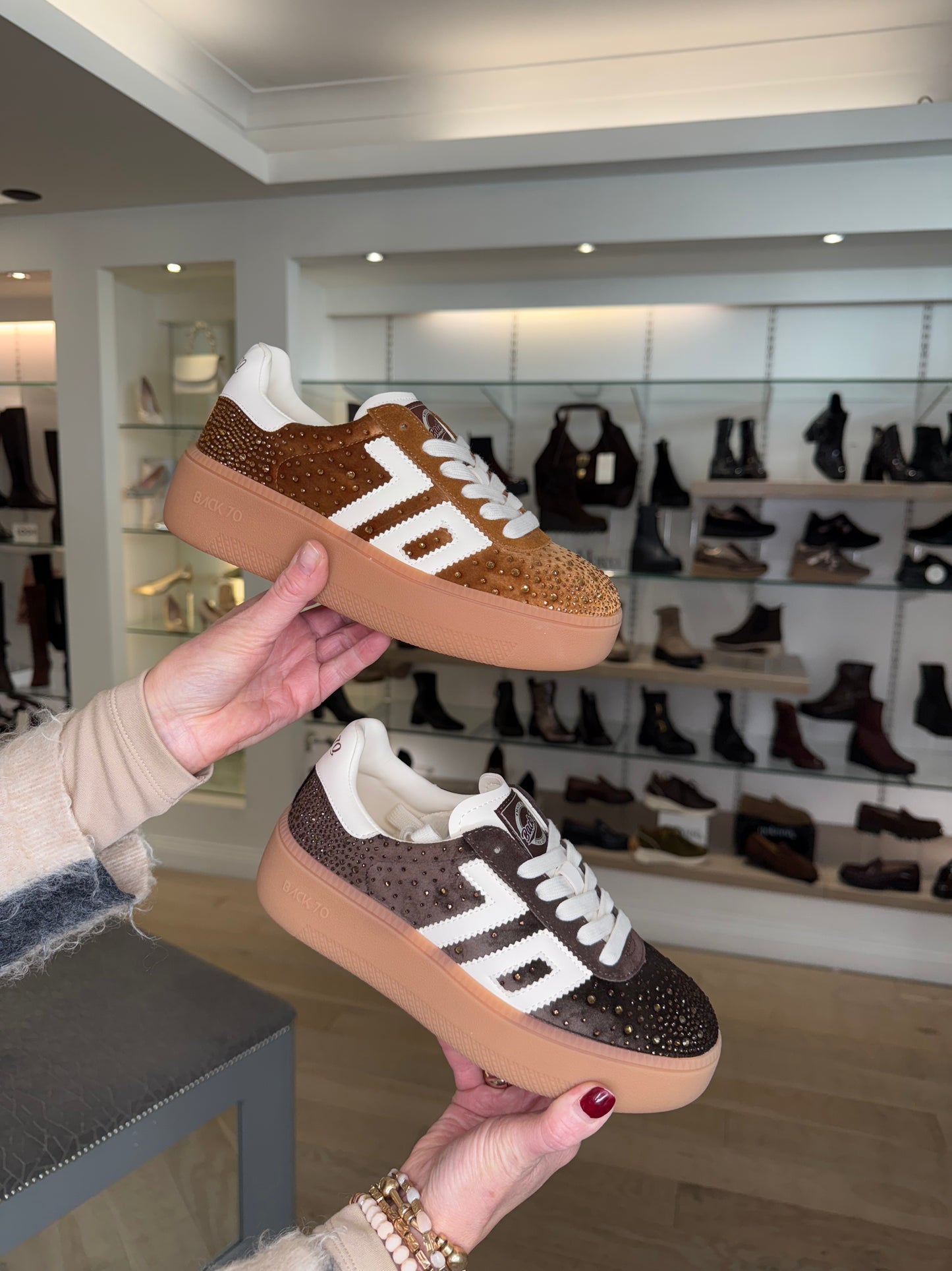 Back 70 -Tan Velvet Jeweled Flatform Trainer