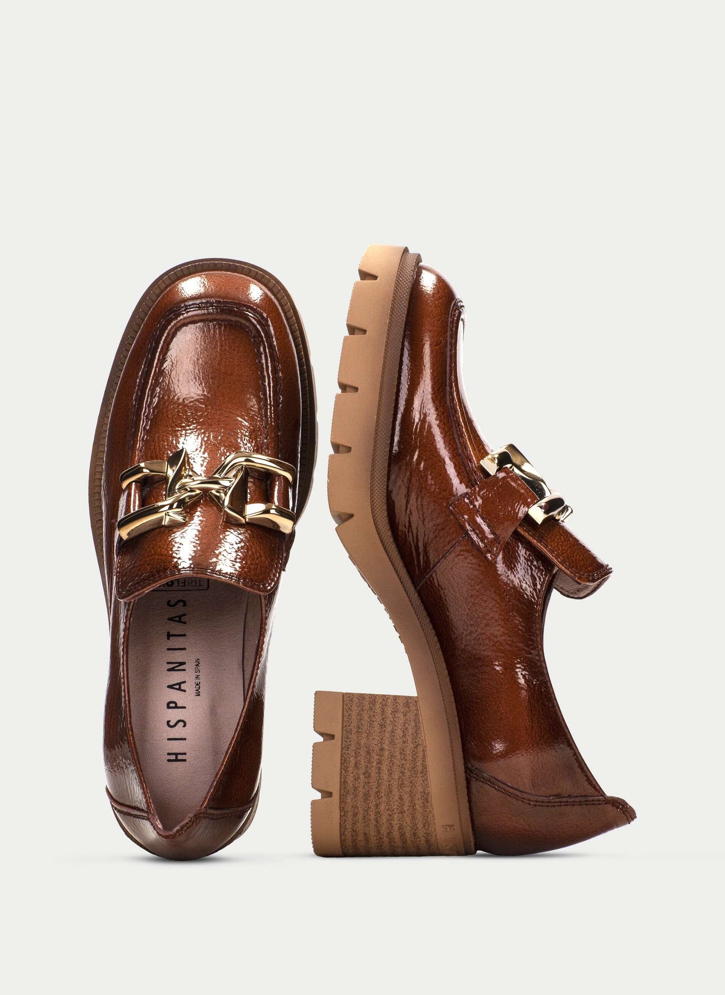 Hispanitas - Everest Tan Chunky Patent Brogue With Gold Trim