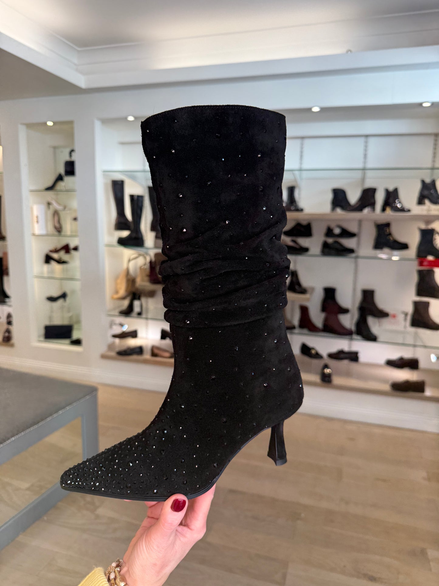 Pedro Anton - Black Suede Ruched Boot With Stone Trim